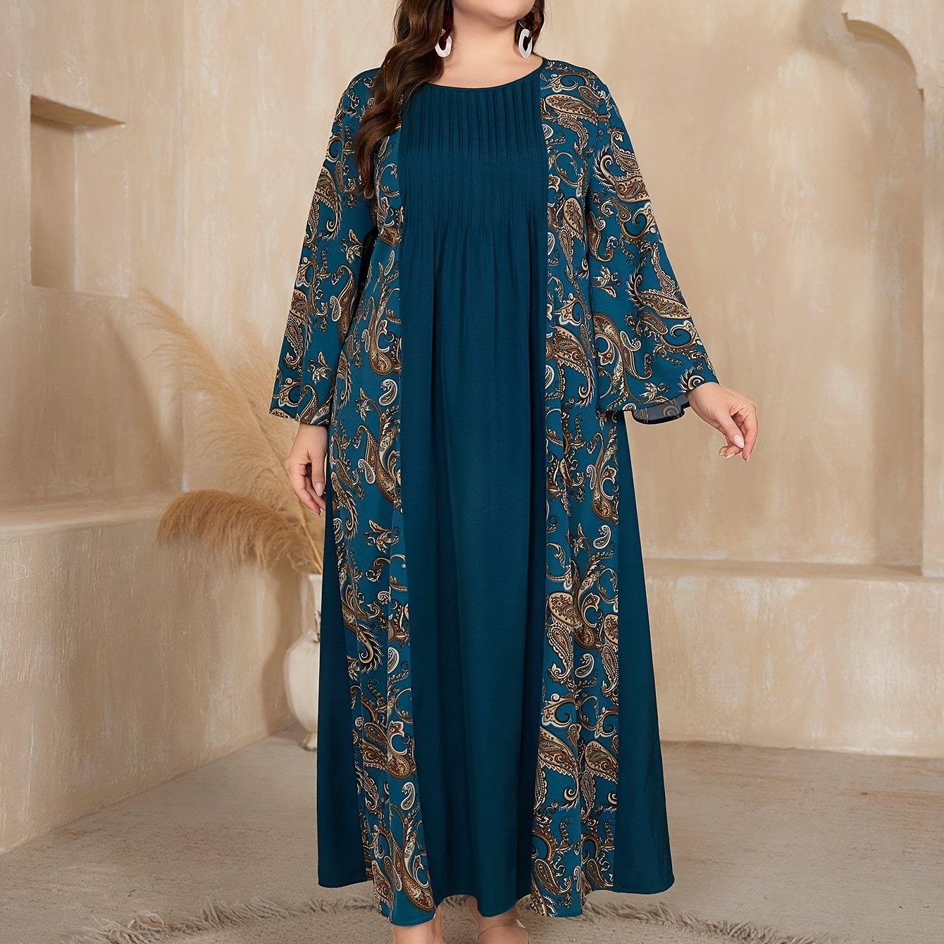 E-shop Plus Size - Plus Size - Plus Size Paisley Print Damen Europäische und Amerikanische Auslandskauf Freizeit Patchwork Schlagärmel Langbluse Langer