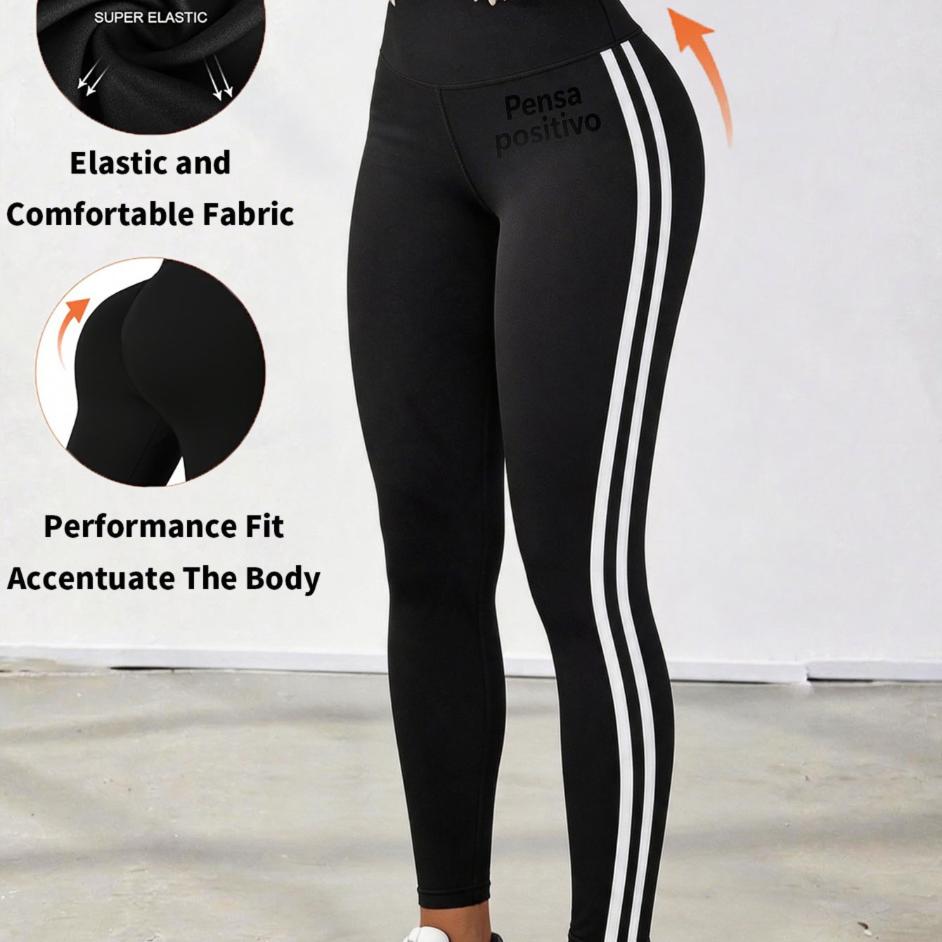 TEMU Women's Printed Yoga Pants Leggings With 2 White Side Stripes And Vertical Bars, High Elasticity, Suitable For Fitness, Yoga, And Sports Printed