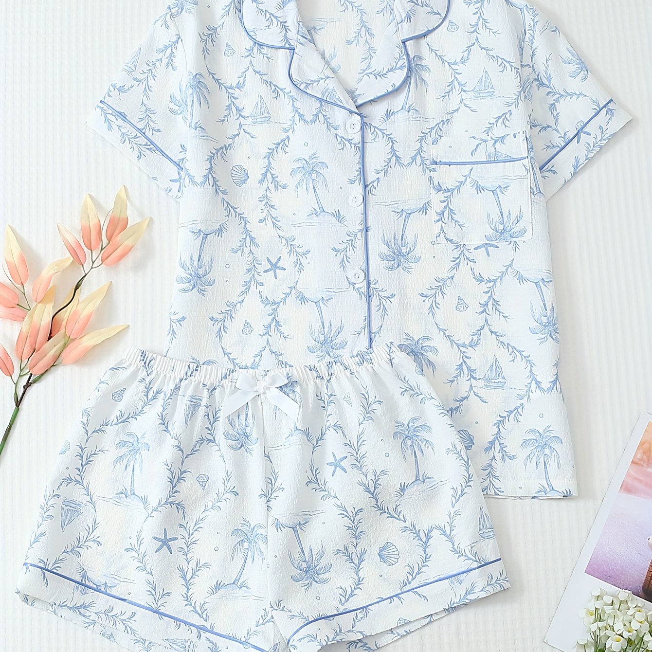 TEMU Conjunto de pijama y ropa para el hogar de 2 piezas con estampado de barco y de coco de /verano, con solapa, botones, manga corta, bolsillo
