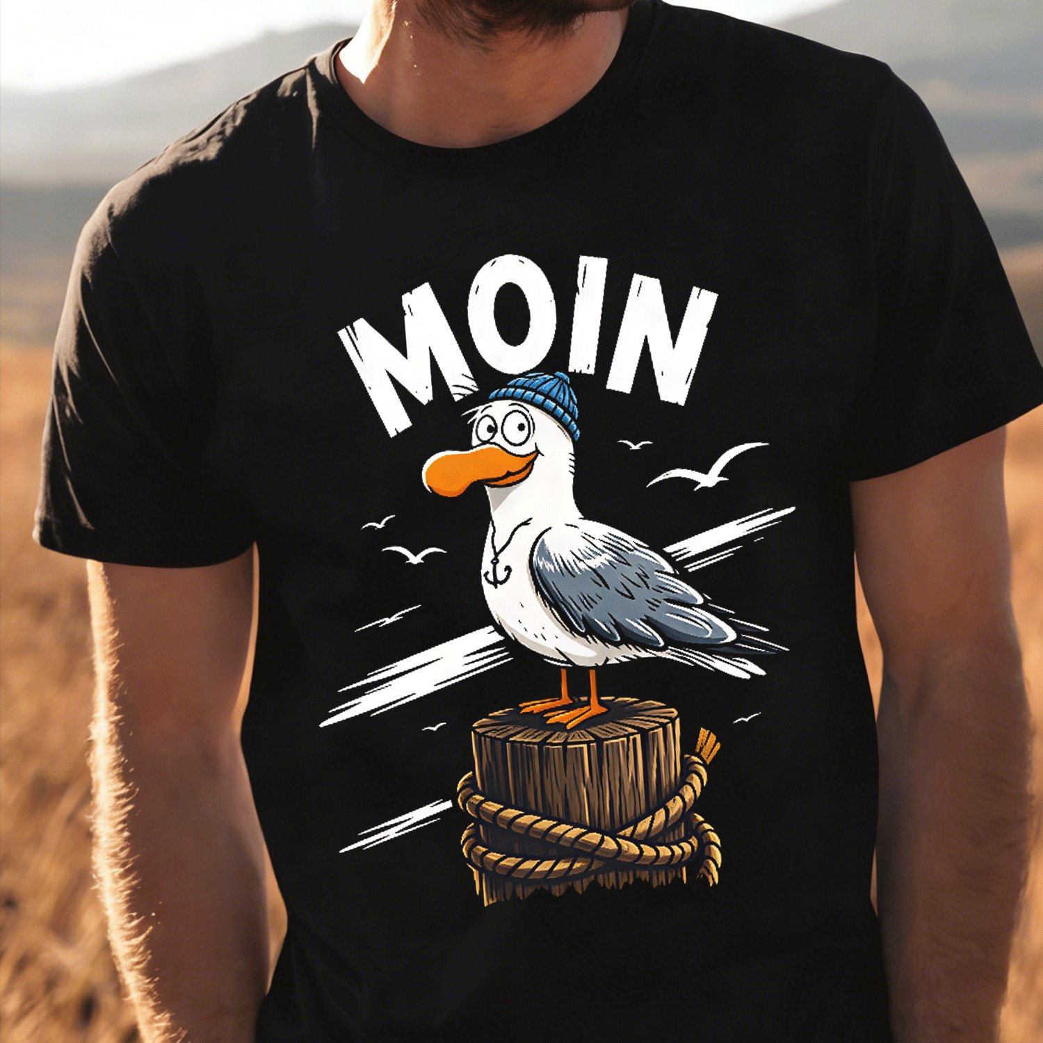 Image of Moin Cartoon Seagull With Anchor Funny Maritime Coastal Motif (3) For Men Women Unisex Funny T-shirt