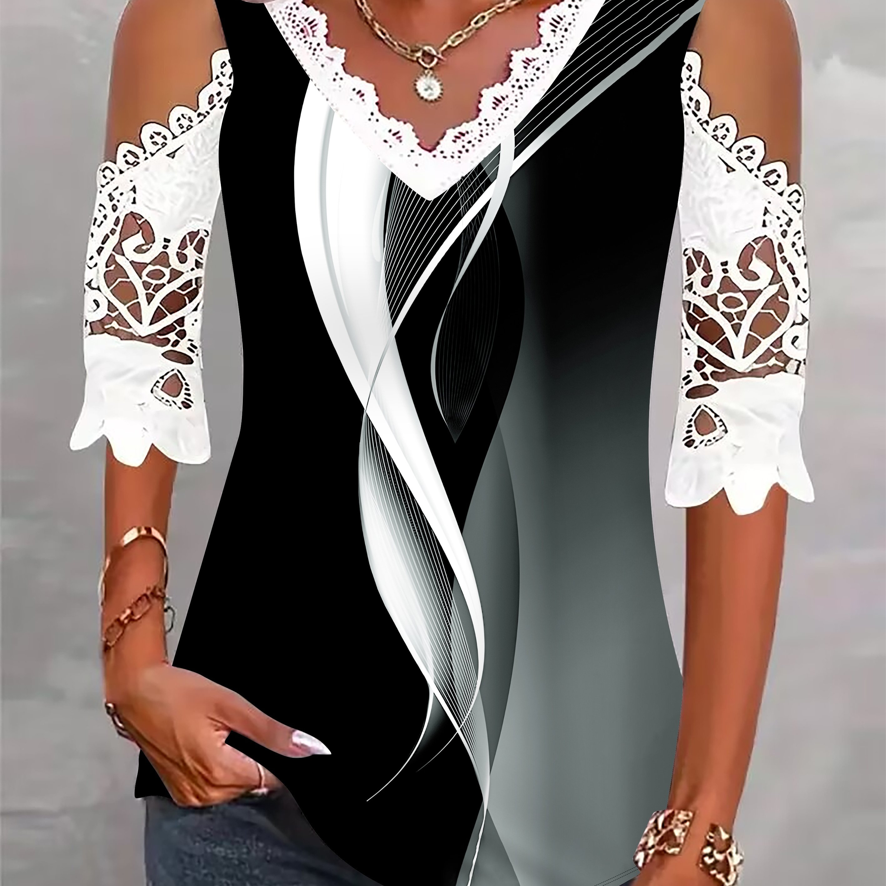 New Women's Lace Sleeve T-shirt With A Stylish Gradient Print Top