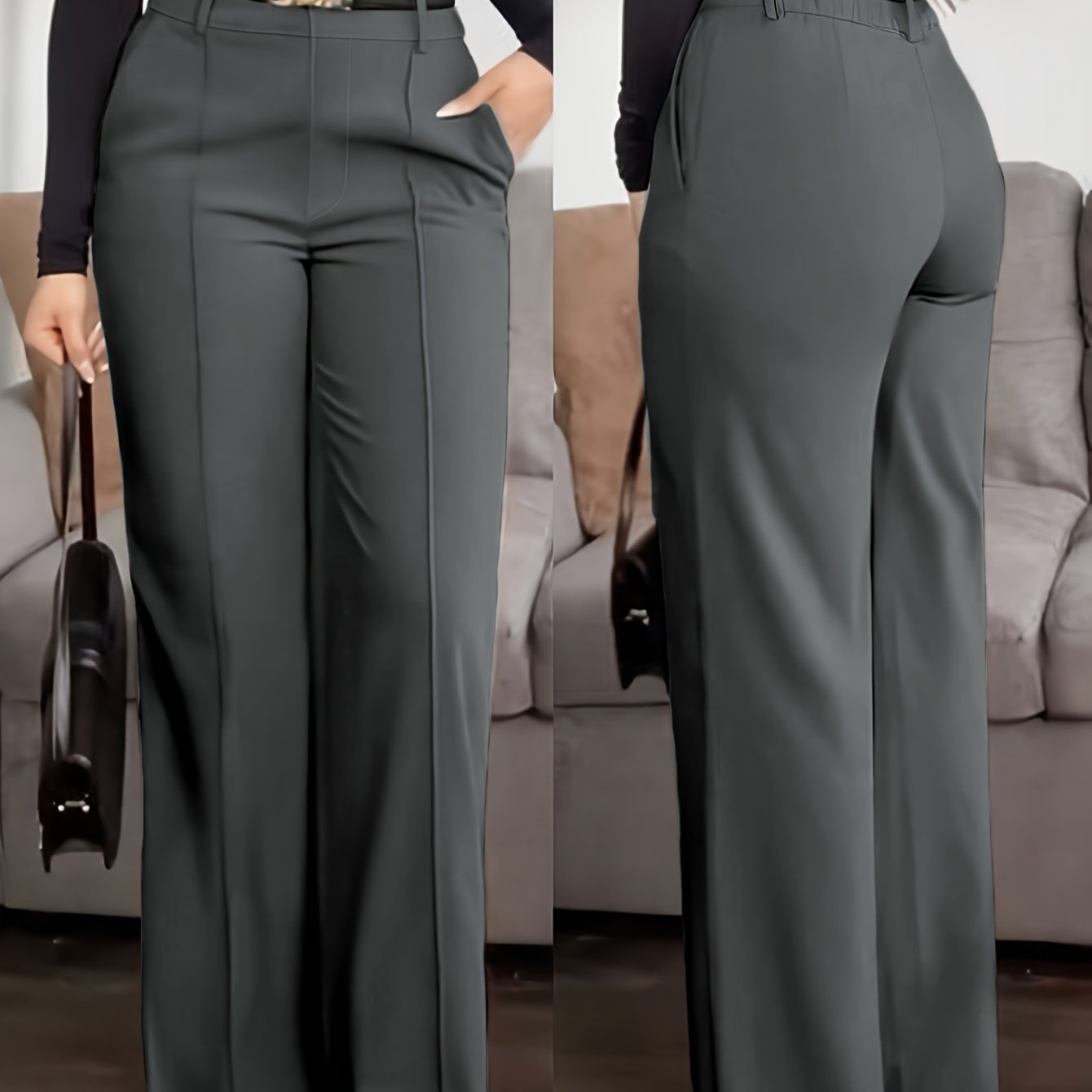 TEMU Women's Latin Solid Color Suit Pants - Elegant Straight-leg Blazer Compatible Trousers, Machine Washable Pocketed Office Wear For Professional
