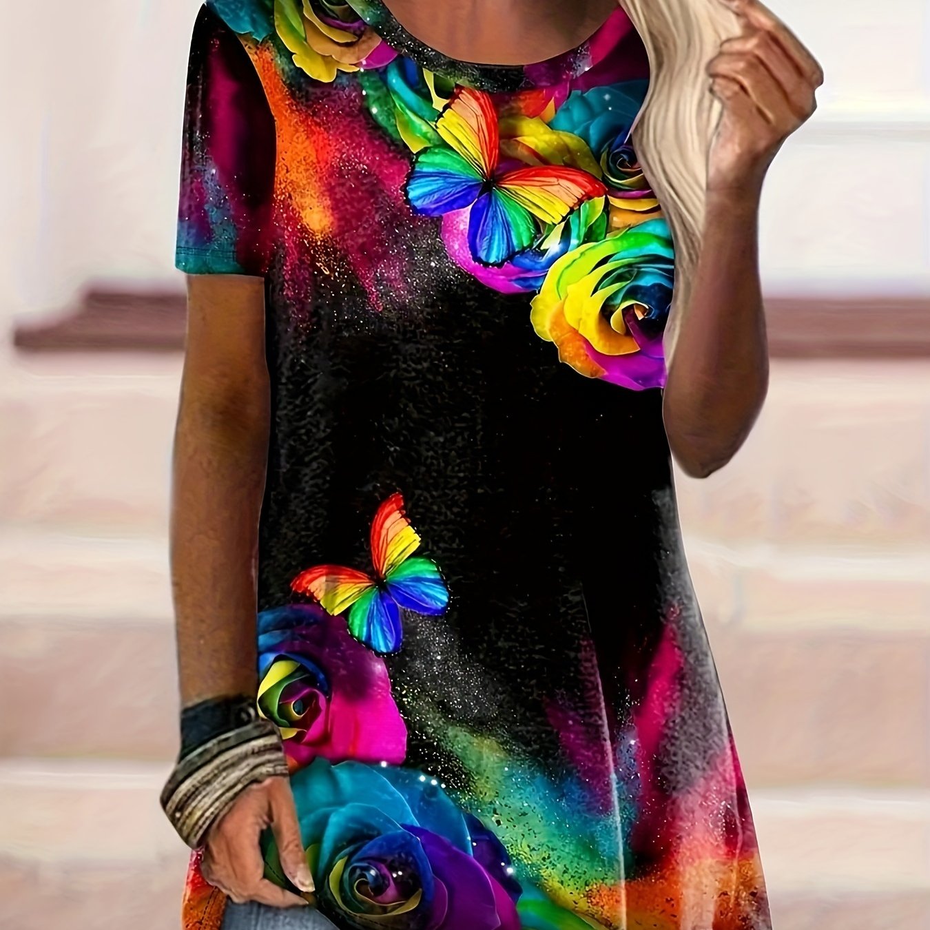 Image of Plus Size Print T-shirt, Casual Crew Neck Short Sleeve T-shirt, Women's Plus Size clothing
