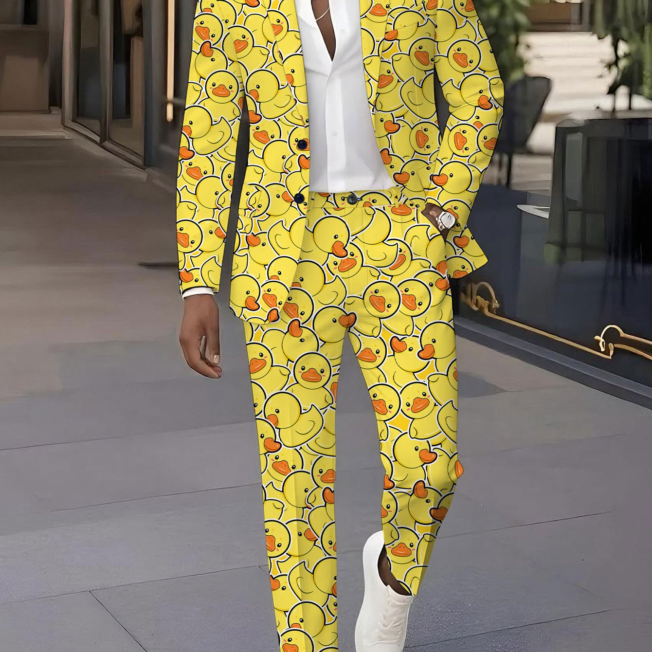 TEMU Men's Suit Set With - Trendy Printed Jacket And Pants 2pcs Suit, Classic Banquet Wedding Party Outfit Featuring Rubber Ducks Pattern In Cartoon