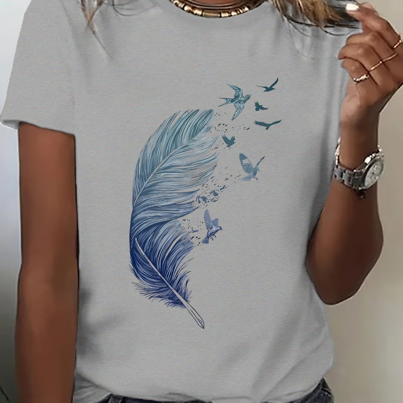 TEMU Peace Blue Print Women's Fashion Casual Sports Style T-shirt