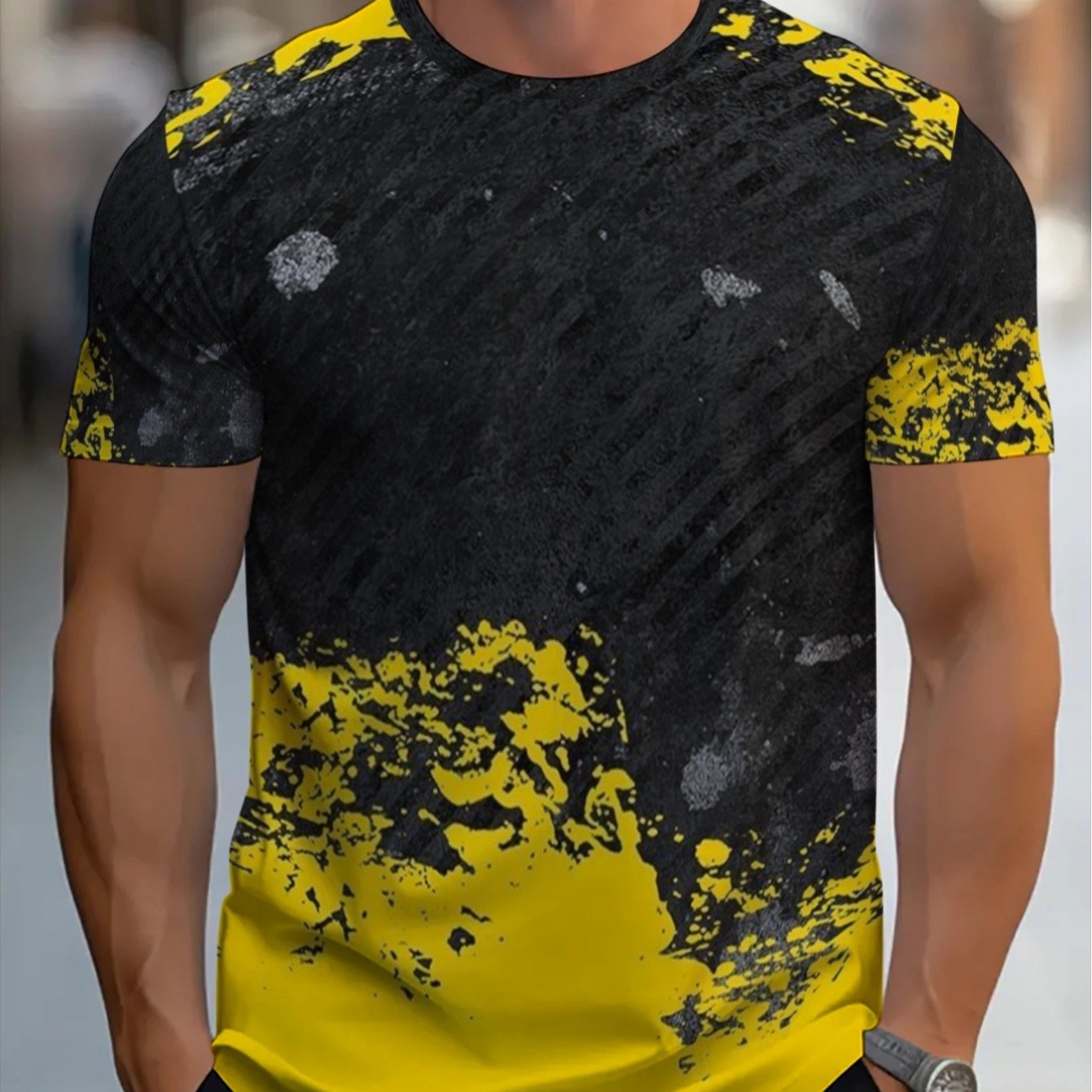 TEMU [printed Design- No Texture] Men's Lightweight Sports Short-sleeve T-shirt, Yellow And Black Splatter Design, Suitable For Fitness, Outdoor