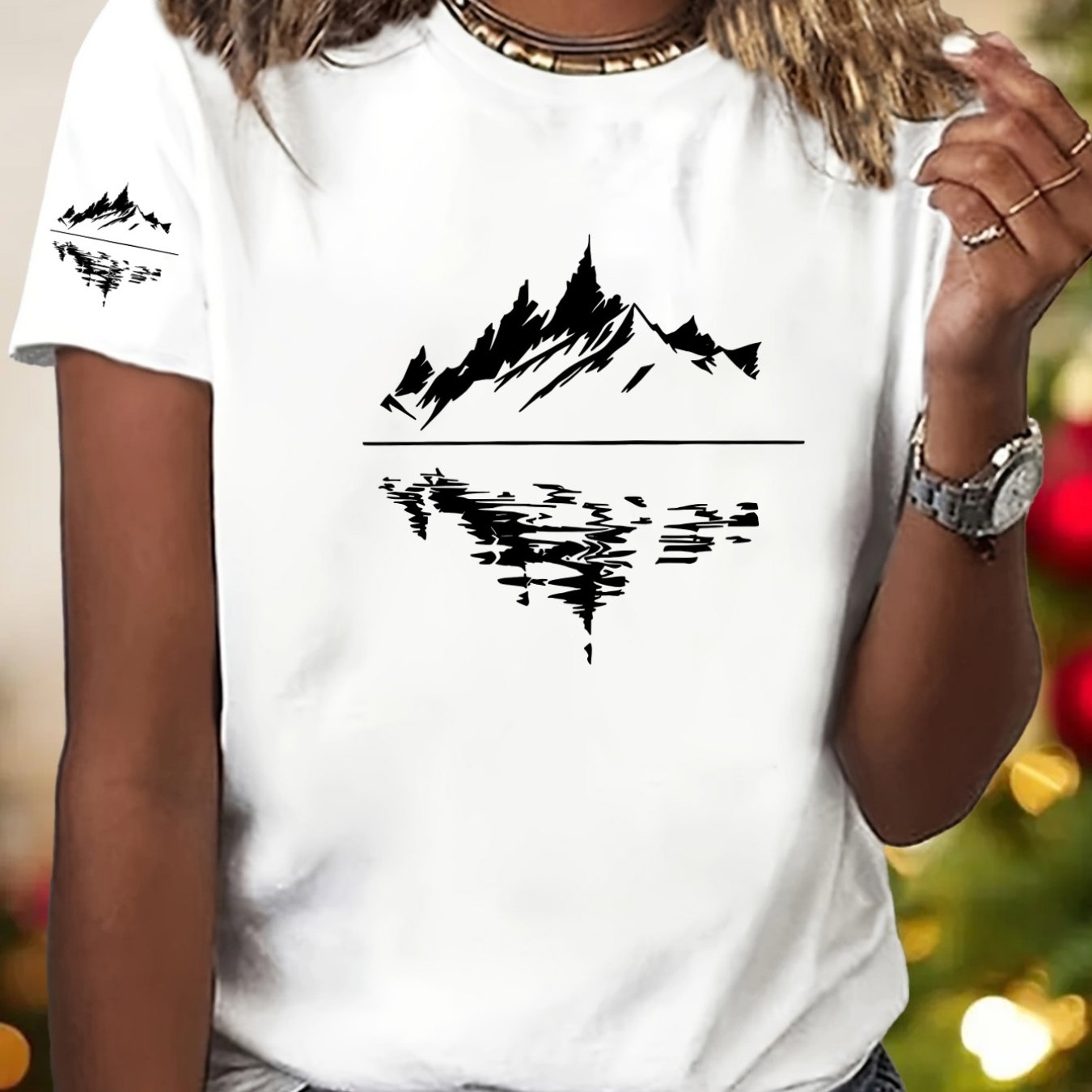 TEMU Neck Short Sleeve T-shirt With Reflection On Lake Natural Scenery Graphic Print - Elegant And Fashionable - Y2k - Women's Casual Sporty Fashion