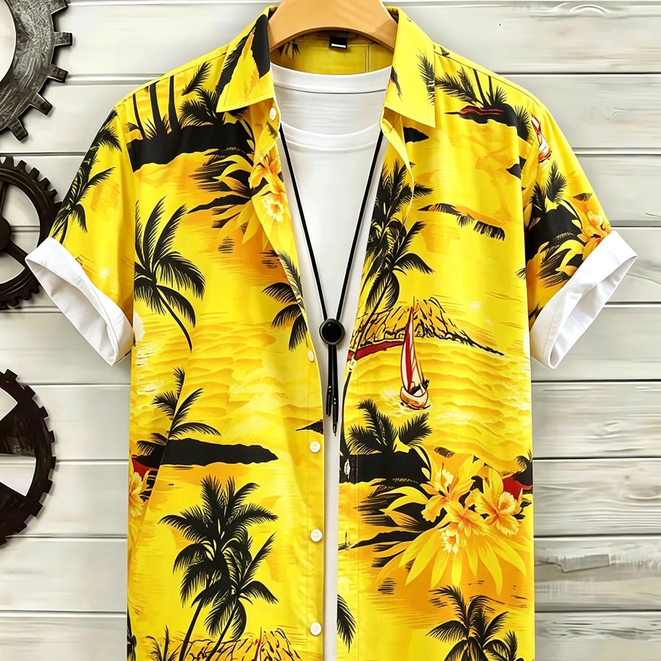 TEMU Men's Hawaiian Shirt, Black Coconut Tree Printed Short-sleeved Button- Shirt, Casual Tropical Style Shirt, Suitable For Wear.