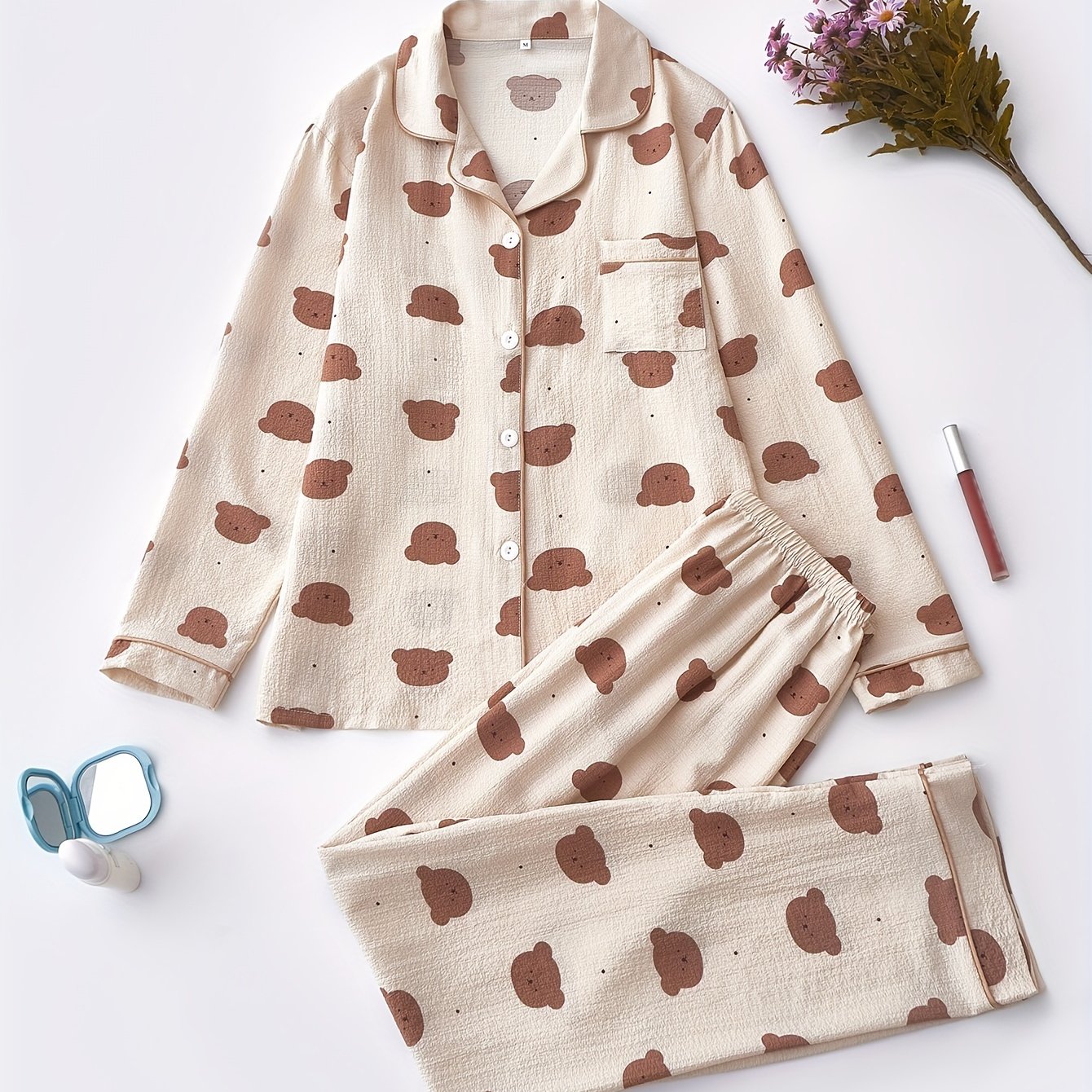 Image of Bear Print Long Sleeve And Pants Pajama Set, Lapel Trim Button-up Casual Women's Loungewear