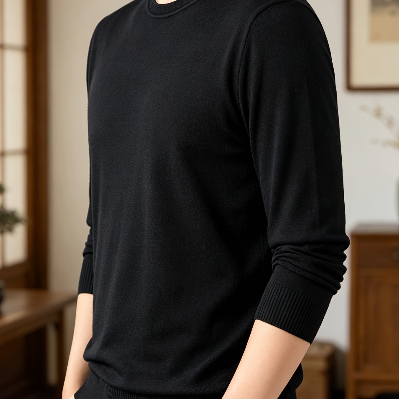 TEMU Slim-fit Thin-knit Wool-blend Men's Crewneck Pullover, High-quality Solid Color Casual Versatile Sweater. Suitable For Outdoor Dates, An