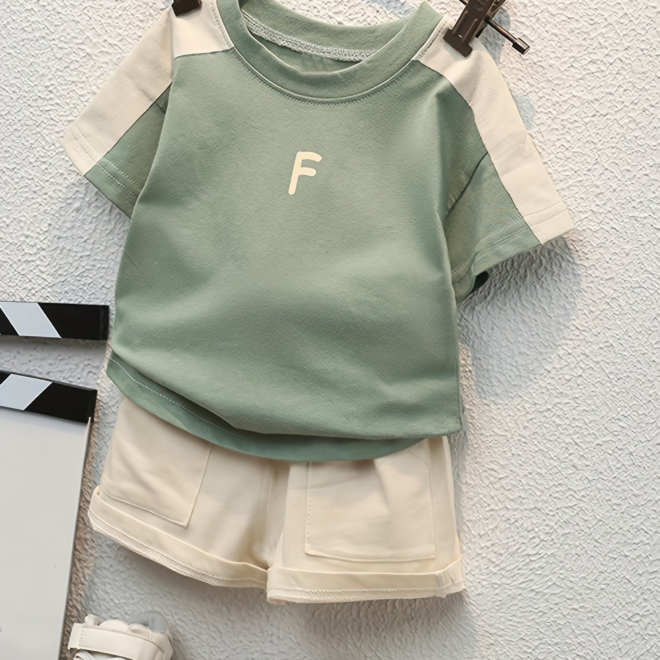 Image of Baby Infant Print Letter F Short Sleeve Short Shorts Set Summer Fashion Contrast New Individual Summer Outfit, For Outdoor