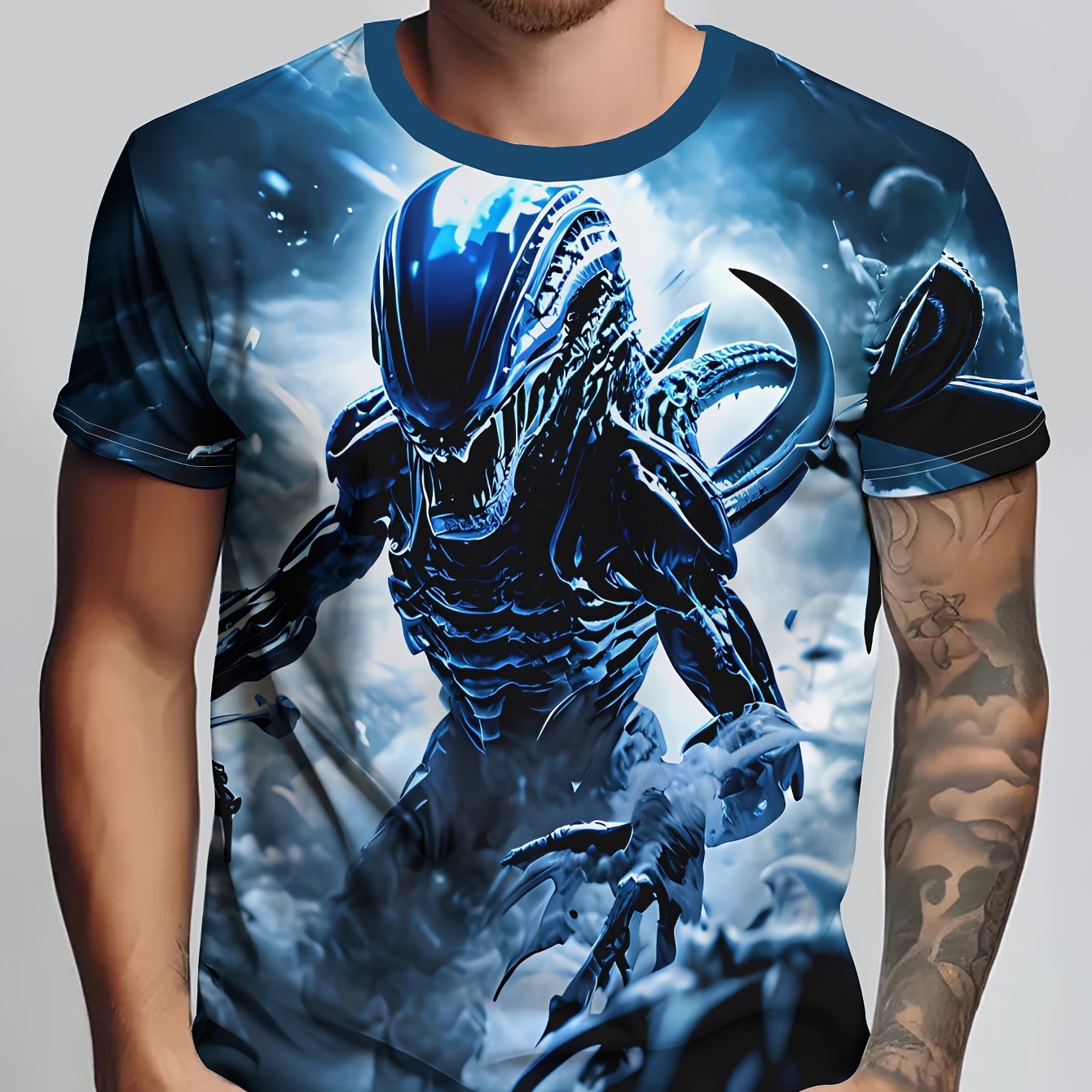 TEMU Men's Printed T-shirt Featuring An Creature From Mist With A Claw Flashing Cold Light Pattern, Machine Washable, Soft Fabric, Stylish