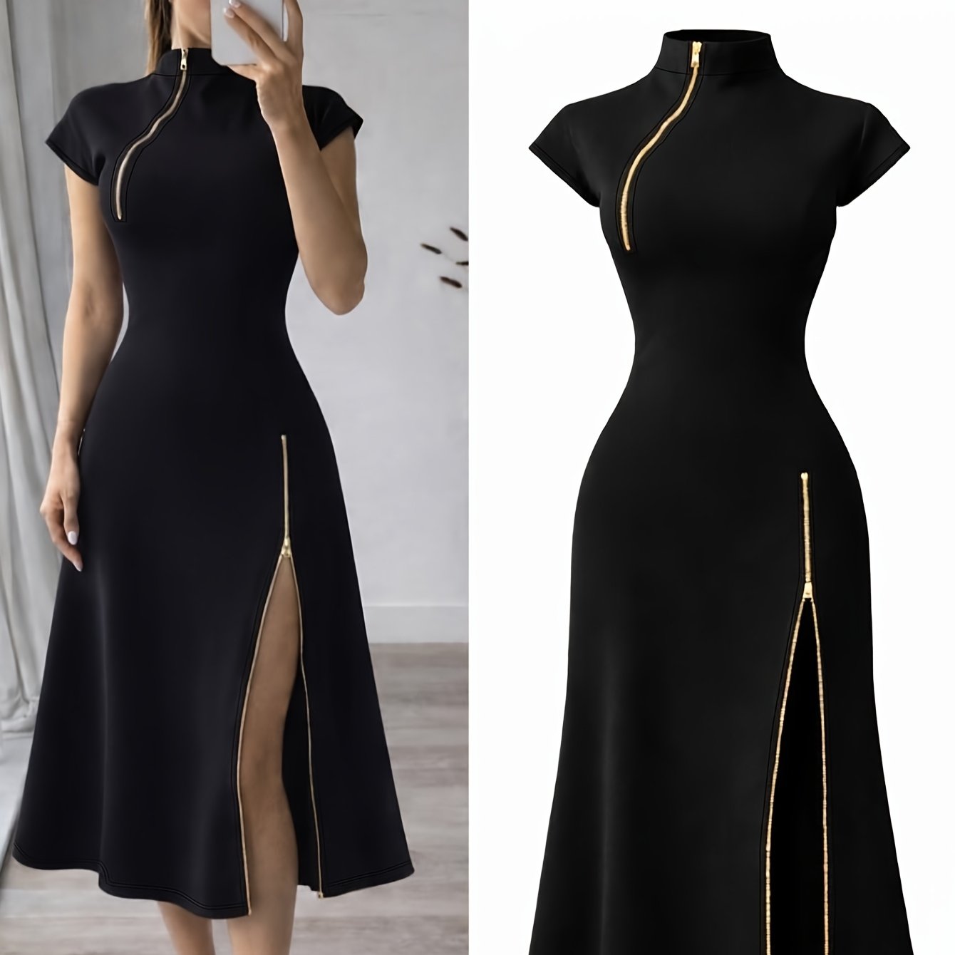 TEMU Elegant Women's Black With Golden Zipper Detail Fitted Mid-length Dress, Date Night, Romantic Evening, Holiday Attire, Gatherings, Parties,