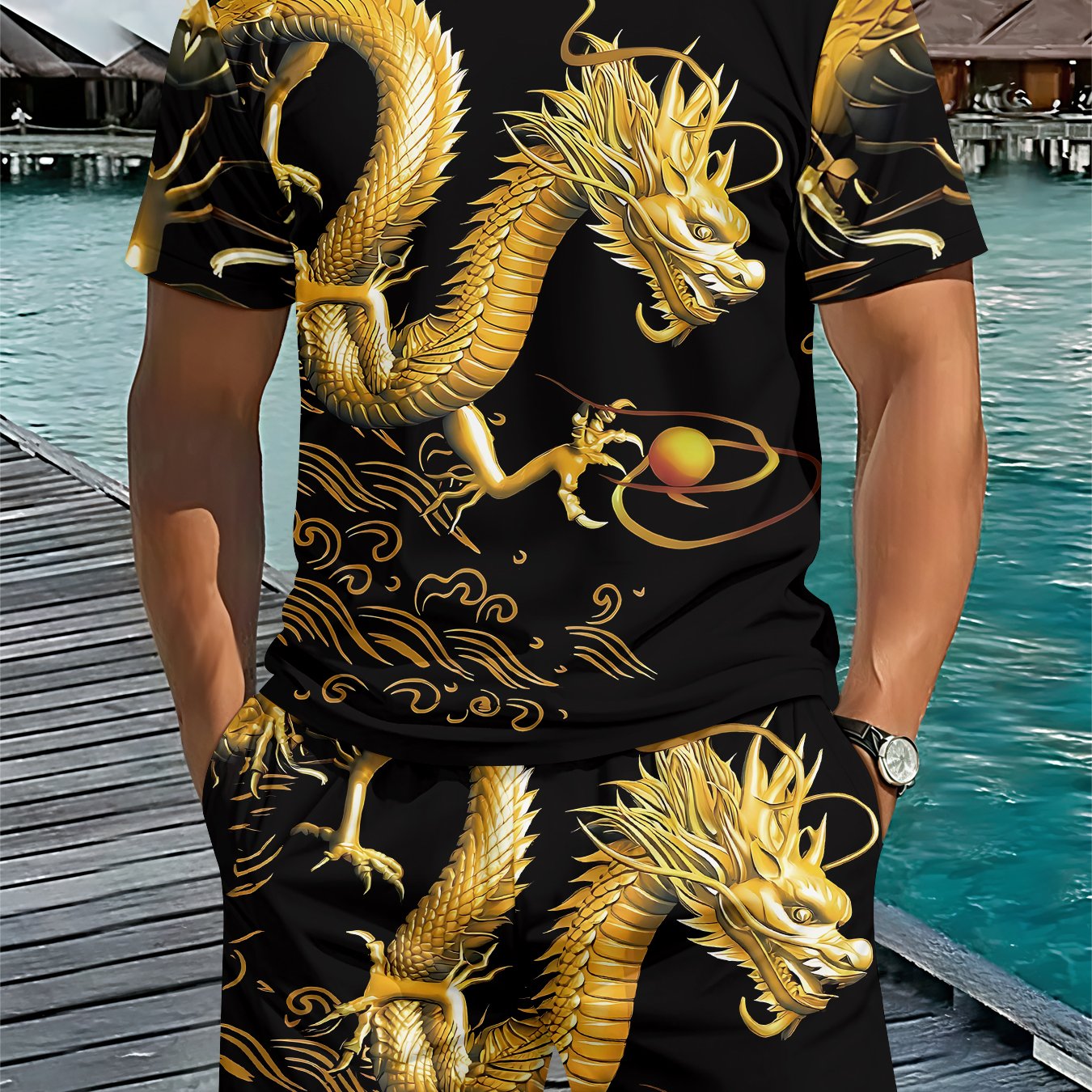 TEMU Heren 3D Digitale Print Crew Neck Korte Mouw Set, Nationale Trend Luxe Stijl, Zwart en Gouden Gelukbrengende Print 2-delige Set, Geschikt voor