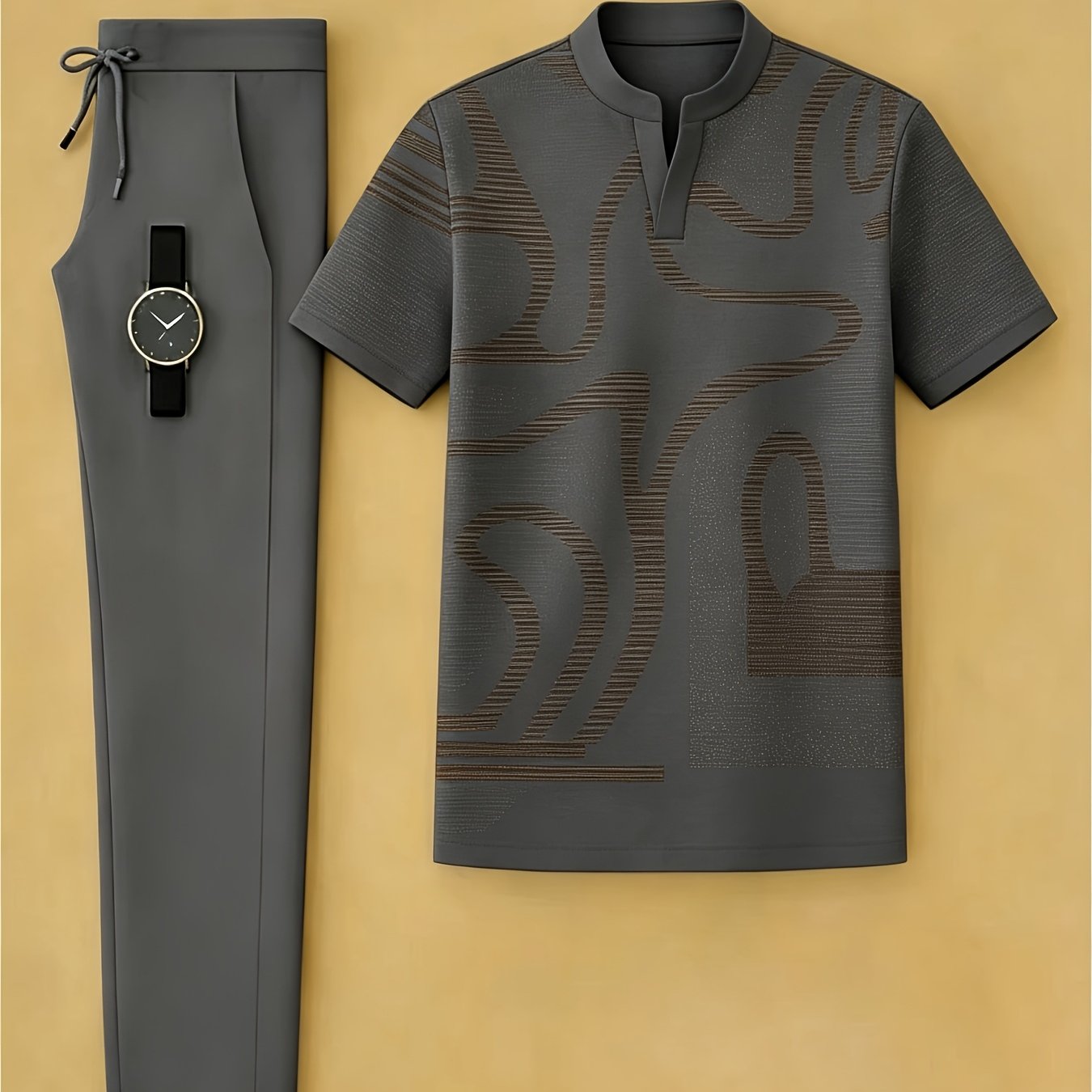 TEMU Conjunto de pantalón y camiseta de 2 piezas para hombre con cuello y cuello en V, estampado abstracto de línea curva, conjunto para vacaciones,