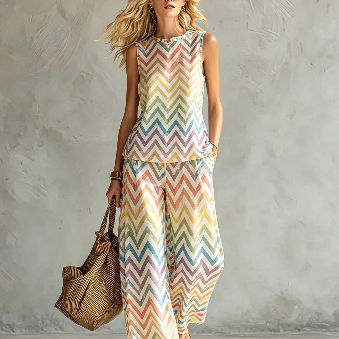 Image of New Women's Summer Clothing: Top And Pants Set Pastel Pattern Summer Women's Vest Set Casual Wear Machine Washable Fiber Easy And Two-piece Set 2d Flat Printing Summer