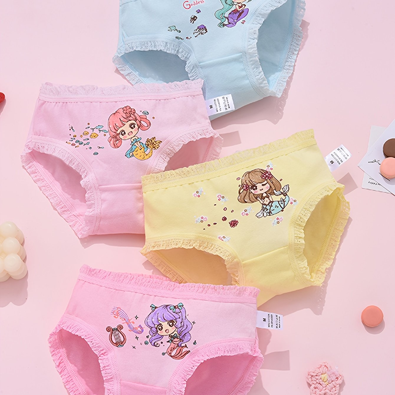 Image of 4pcs Kids Girls Mermaid Printed Underwear, Toddler Knit Cute Briefs, Soft Breathable Children Cartoon Bikini Panties
