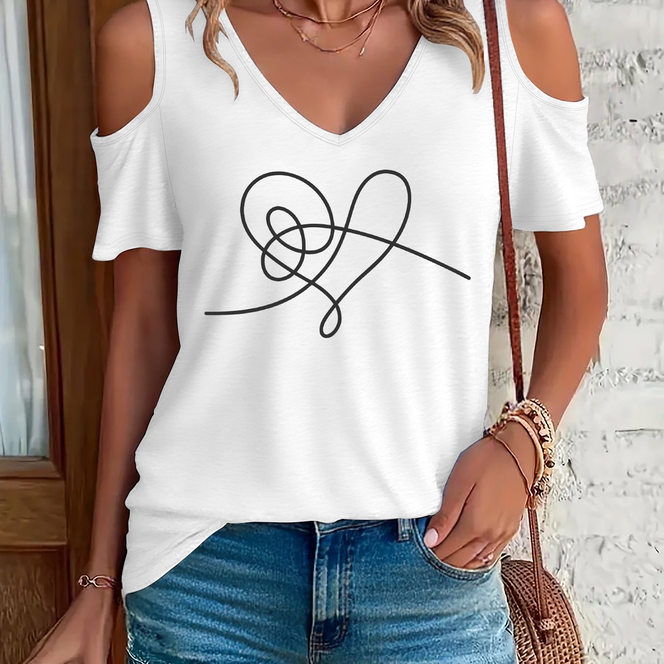 TEMU (002#) T-shirt Femme Tendance Épaules Dénudées Col en V, Haut Femme Manches Courtes Imprimé Cœur Ligne Facile