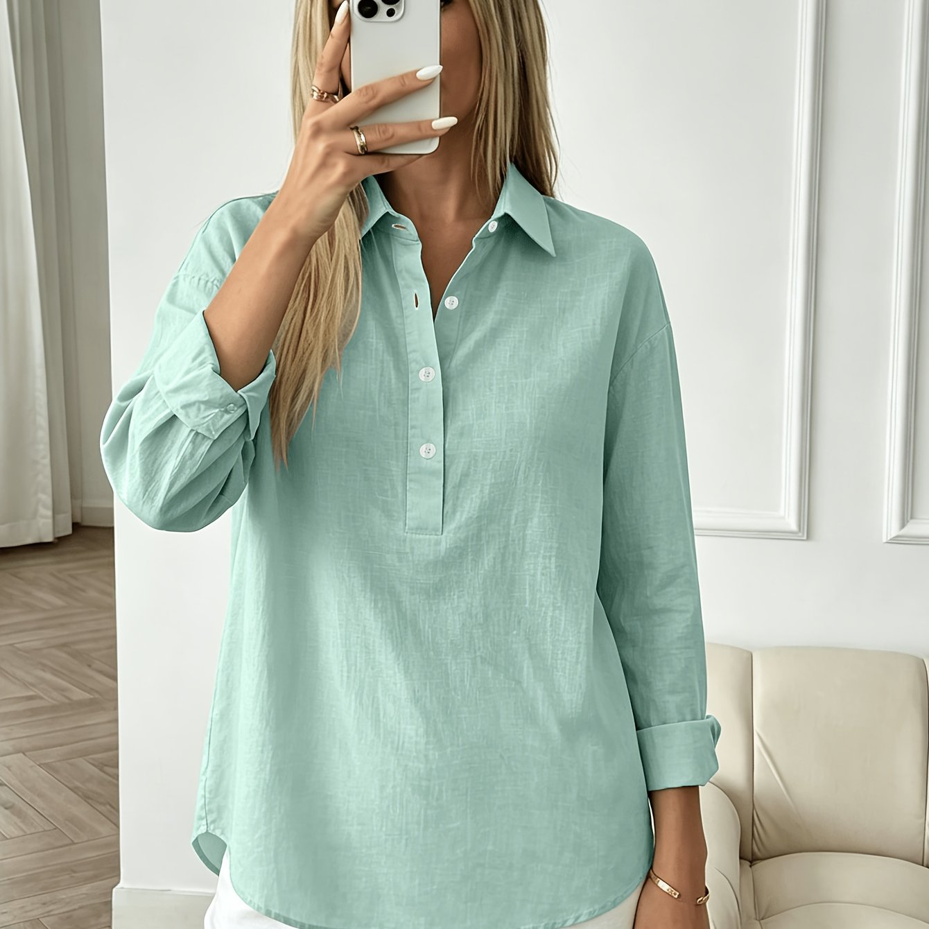 Women's Fashion Casual Pullover Loose Long Sleeve Shirt Button-up Top Daily Outing Solid Color Breathable Non-stretch Fabric