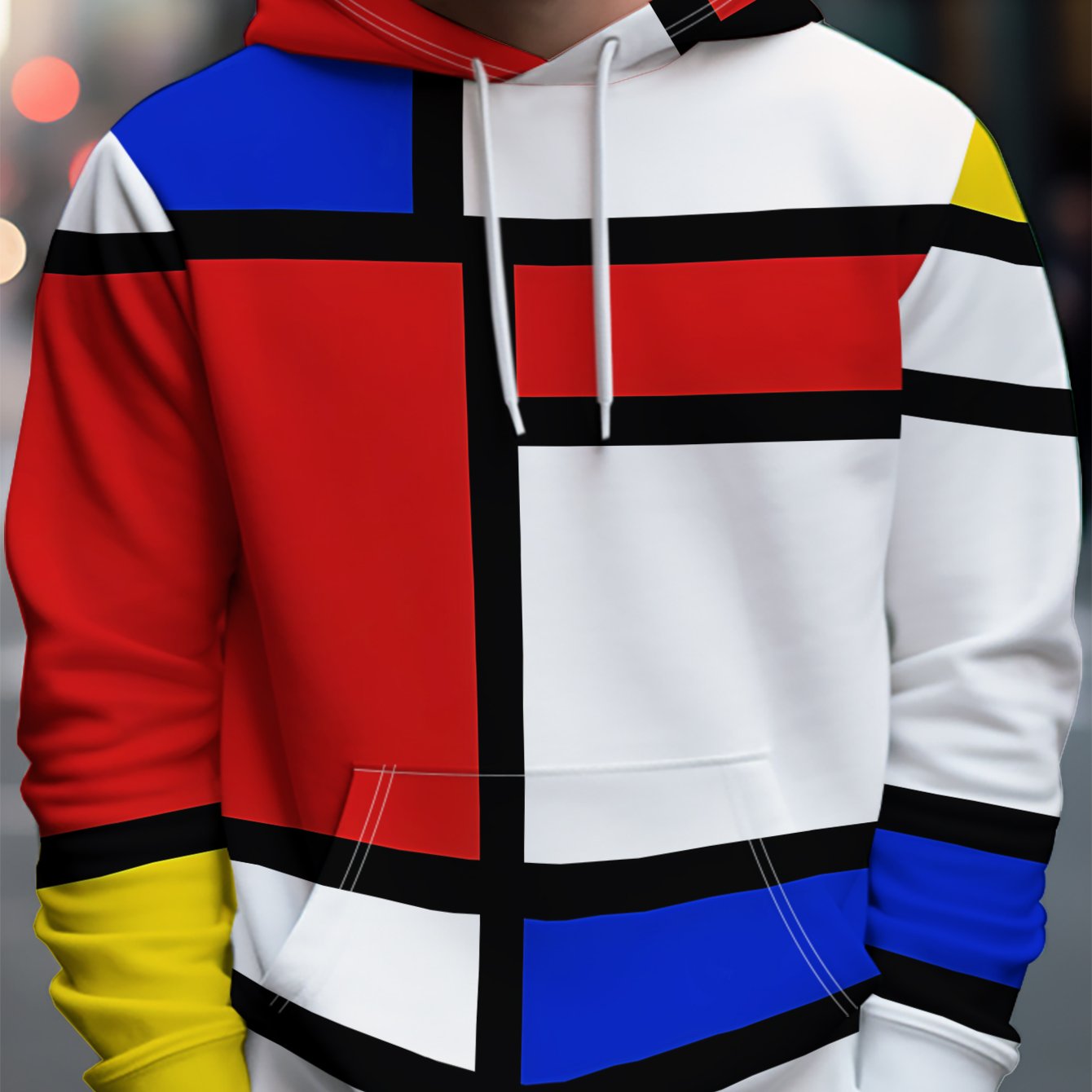 TEMU Men's Hooded Sweatshirt Featuring Geometric Color Block Prints, Made From Fabric, With Drawstrings. It Embodies Street Fashion, Is Versatile For