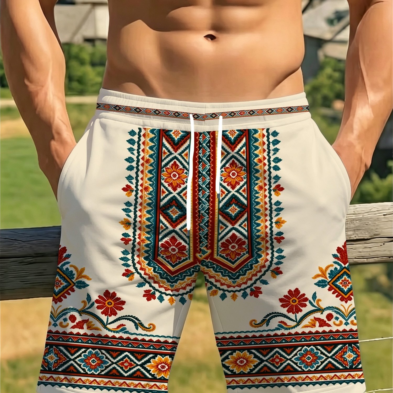 TEMU [print Design-not Textured] Men's Beach Shorts, Men's Shorts, Bohemian Ethnic Style Pattern Print, Athletic Shorts, Lightweight Shorts, Casual