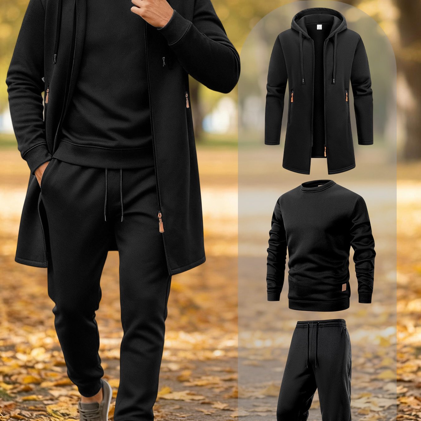 TEMU Men's Winter -lined Thickened Hooded Jacket Warm Sweatshirt Casual Pants Set, 3pcs Outdoor Daily Cold-weather Casual Outfit For Spring And