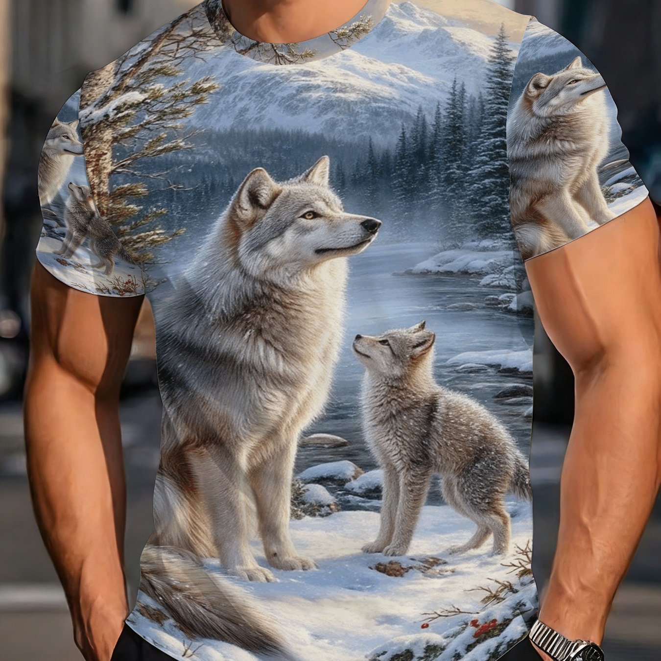 TEMU Winter Wolf And Cub Pattern T-shirt, Showcasing Natural And Wild Charm, Classic Animal-themed Top, Highlighting Unique Personality And