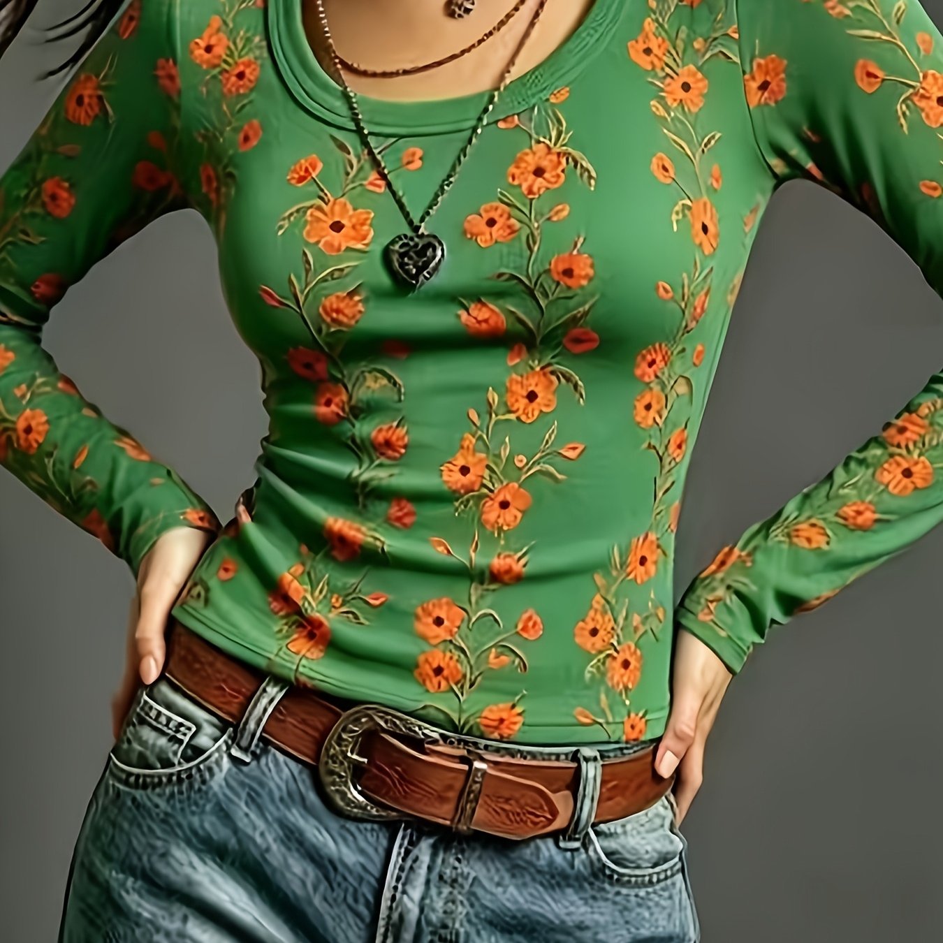 TEMU Plus Size, Plus Size Women's Vintage Floral Print Long Sleeve T-shirt, Ribbed Texture, Versatile Commuter Top, Bohemian And , Worn As An
