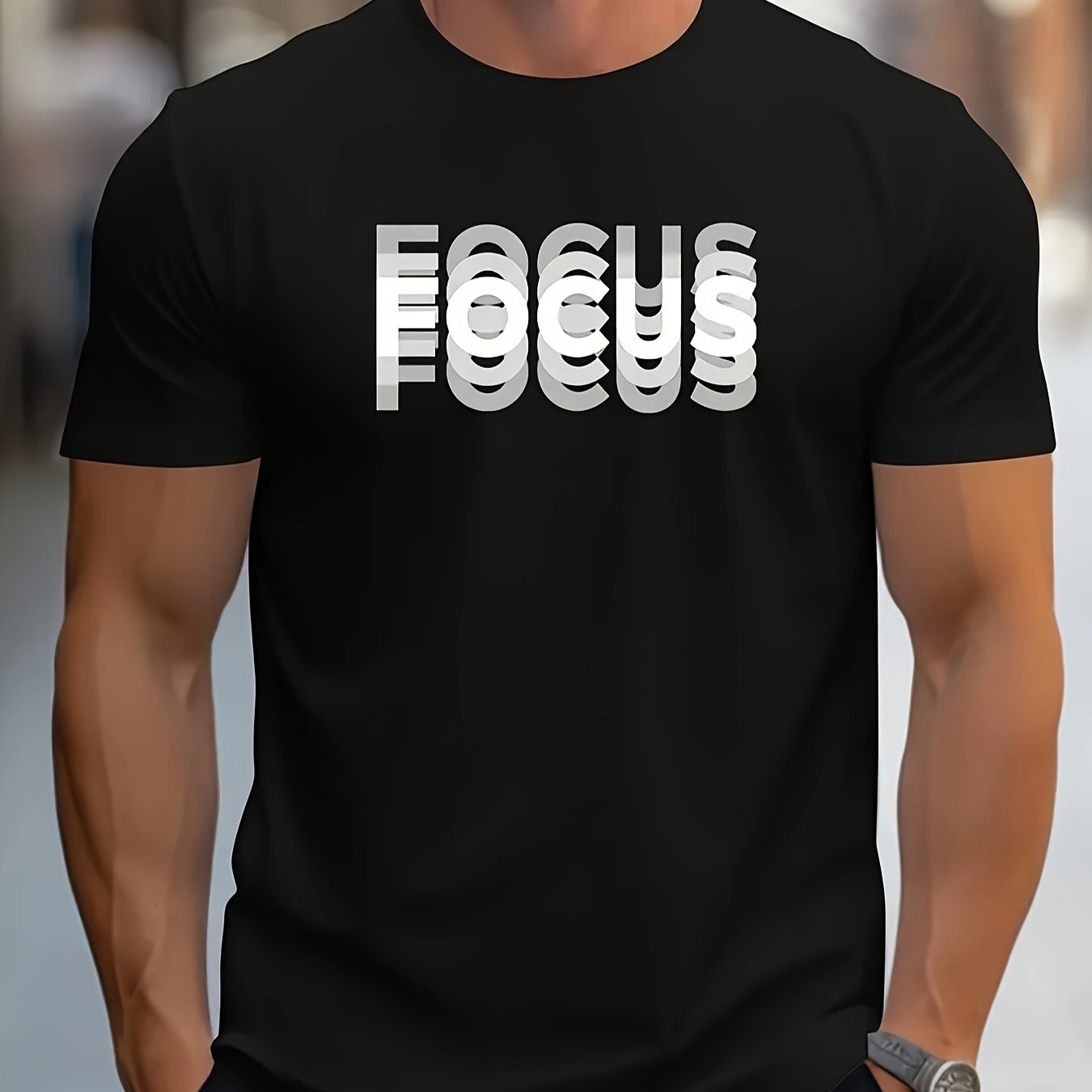 TEMU Fashion "focus" Letter Print, Summer Men's Round-neck Casual T-shirt