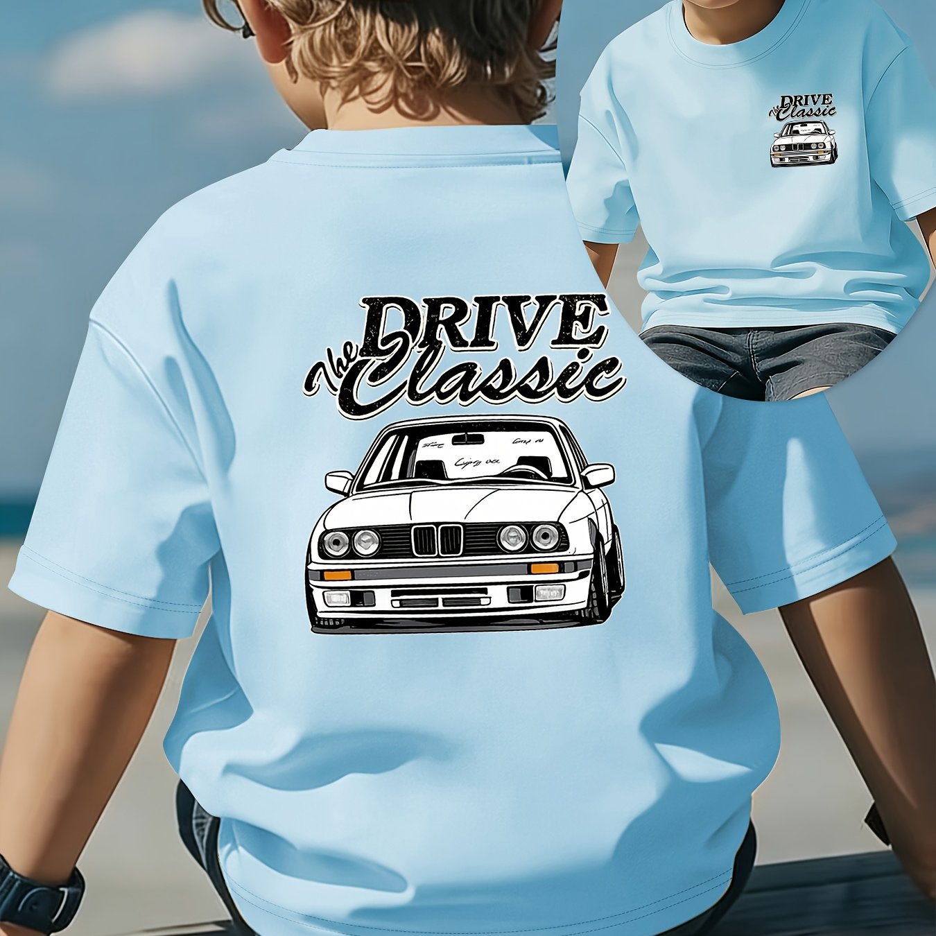 Image of Front And Back Printed Boys' T-shirt, Retro Car Drive Classic Creative Print Versatile Casual Round Neck Short Sleeve, Top For Wear For Boys
