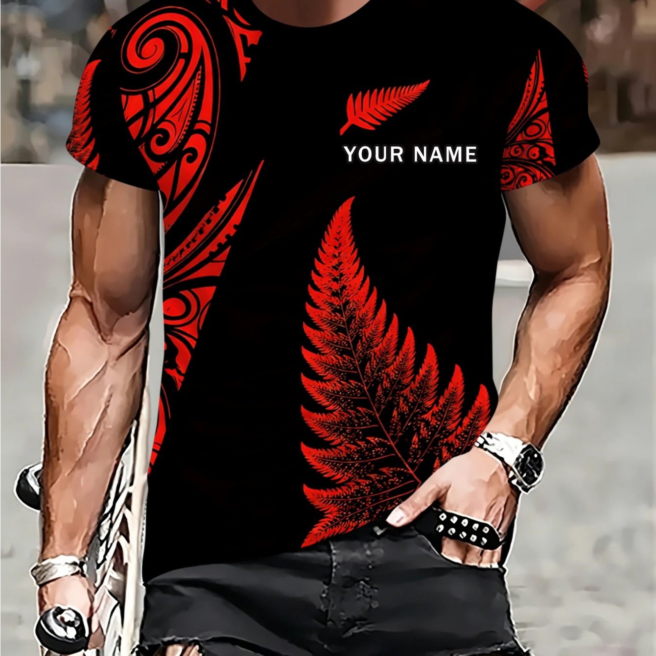 TEMU [customizable] Men's Fashion Round Neck Short Sleeve, Spring Summer Black Red Maori Tribal Pattern Breathable Summer Customizable Name Short