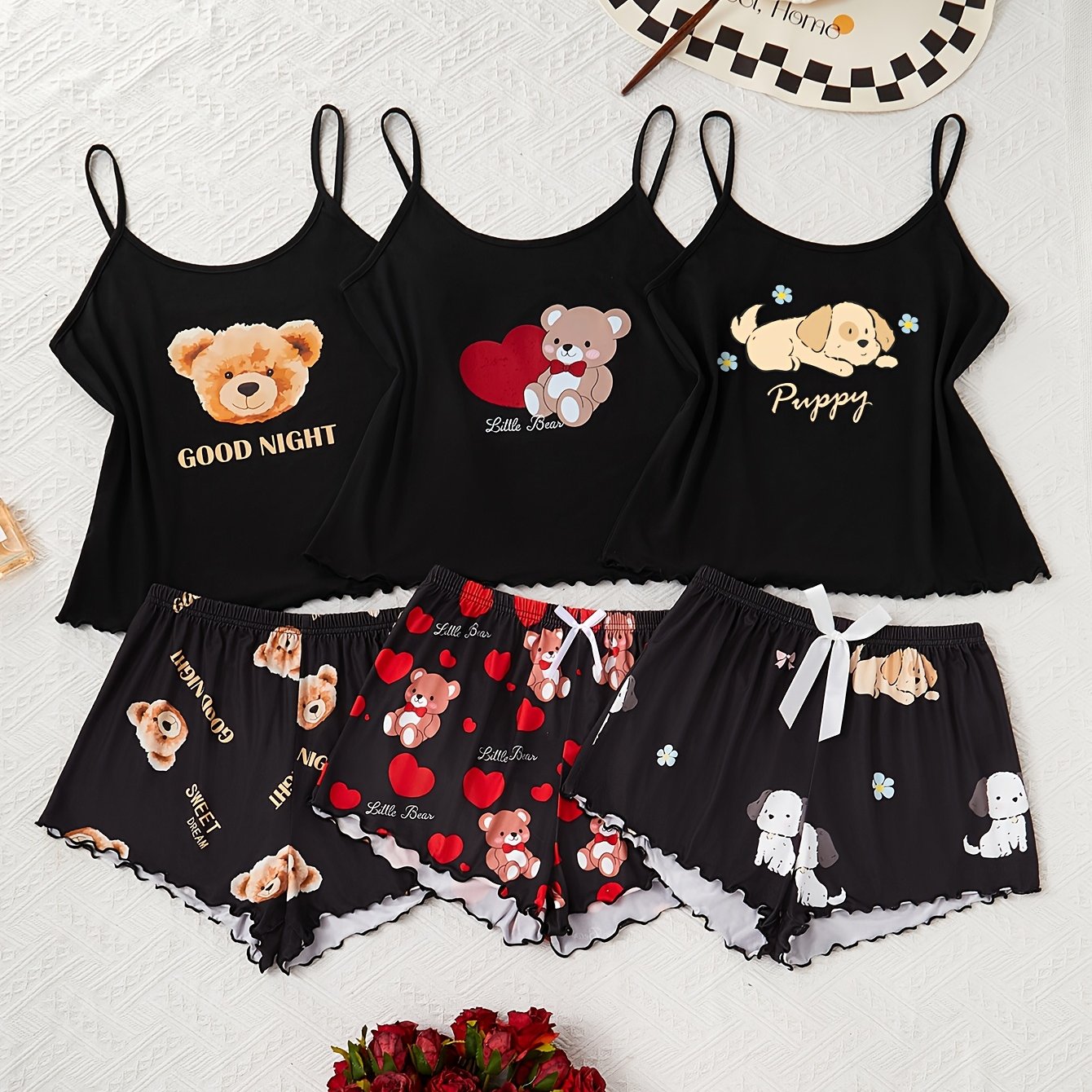 E-shop 3-teiliges Damen-Pyjama-Set mit niedlichen Bären- und Welpendrucken - Ärmelloses Oberteil, Shorts und Schleifendetail - Bequeme