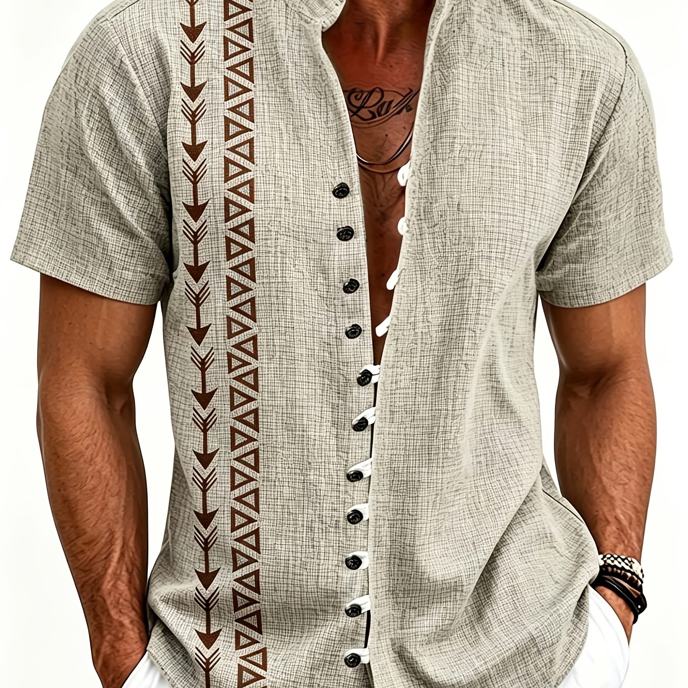 Plus Size Men's Casual Shirt Faux Linen Art Print Stand Collar Short Sleeve Button Shirt Bohemian Ethnic Tribal Street Style Tops For Beach Vacation Summer And Wear