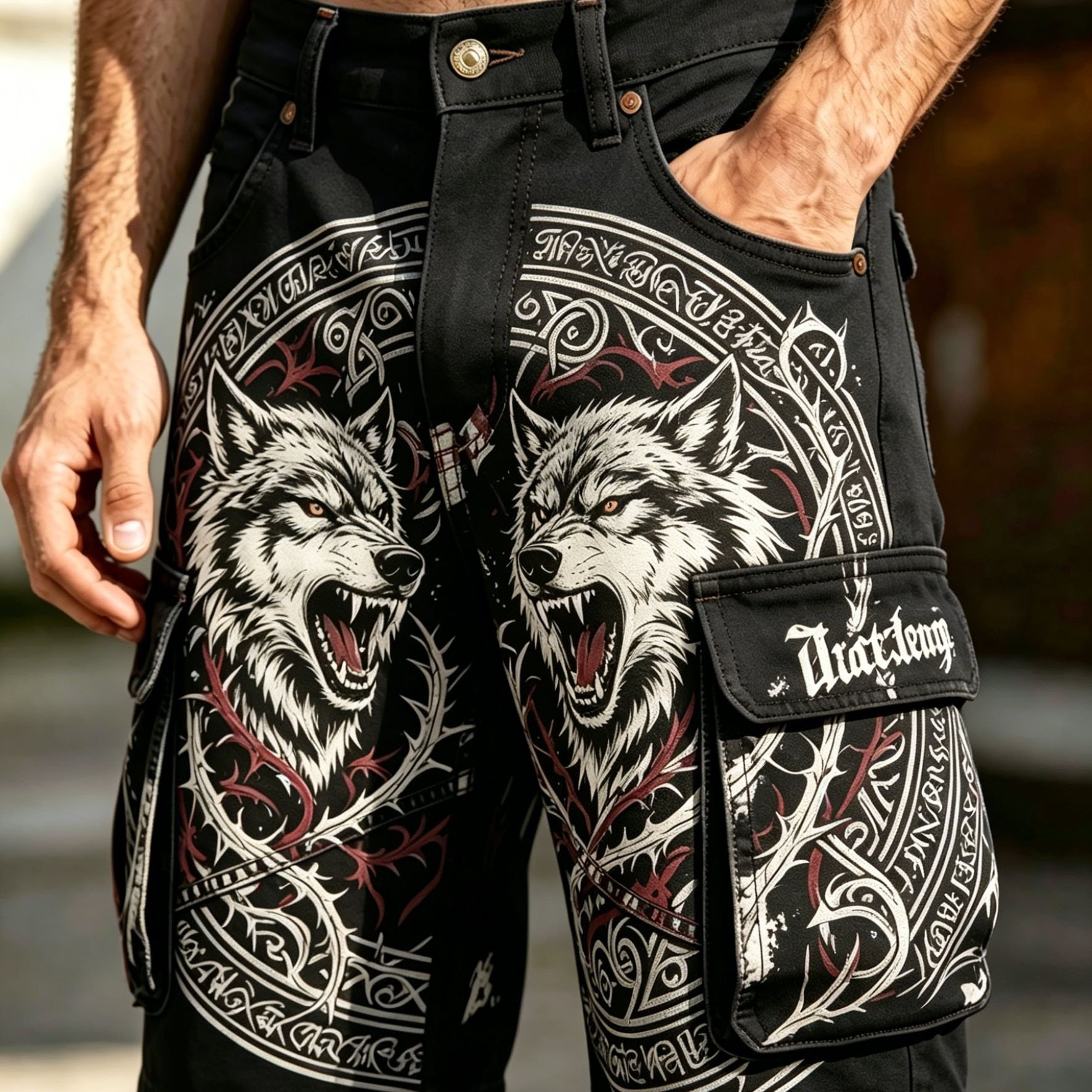 Image of New Arrival Men's Belted Cargo Shorts No Belt Non Denim Fabric Comfortable And Breathable Dark Style Wolf Totem Print For Daily Dating Outdoor Street Wear Men's Clothing Gift For Men, Plus Size