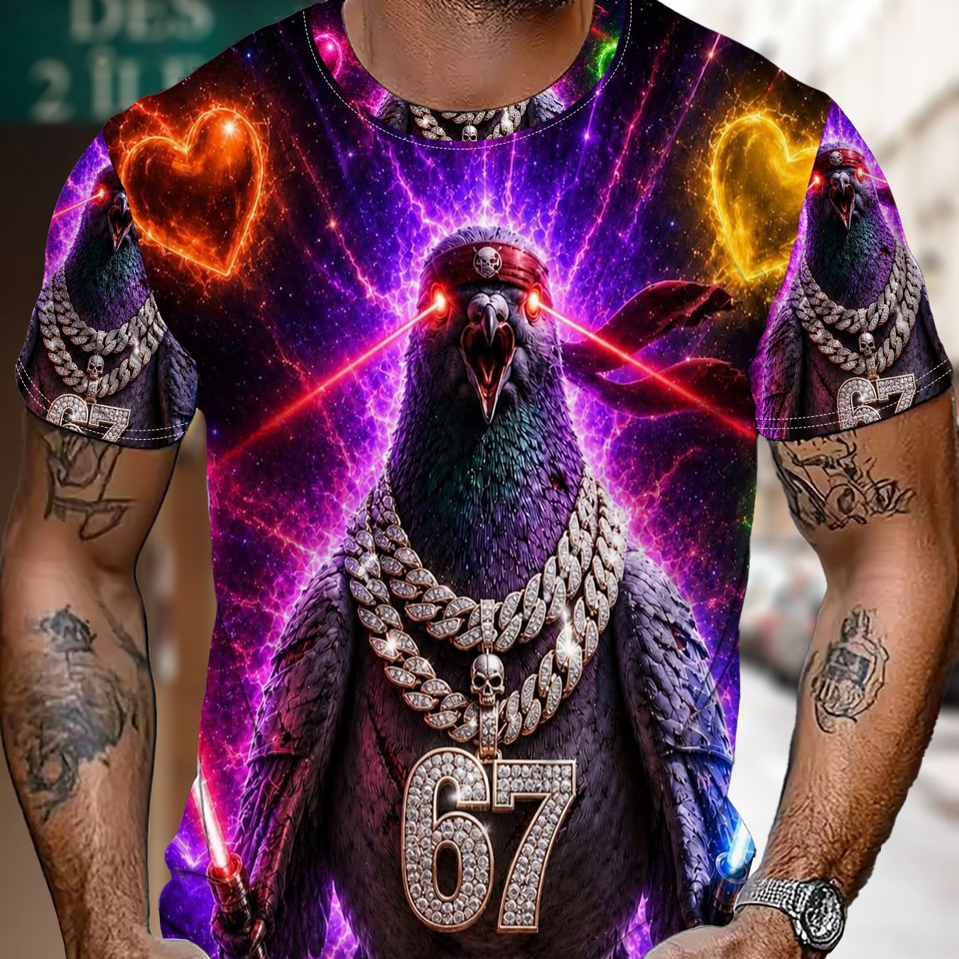 TEMU Men's Polyester Short Sleeve T-shirt, Cool Cyberpunk Pigeon Print With Laser Eyes, & Lightsabers, Hip Hop Chain And Number 67 Graphic, Trendy