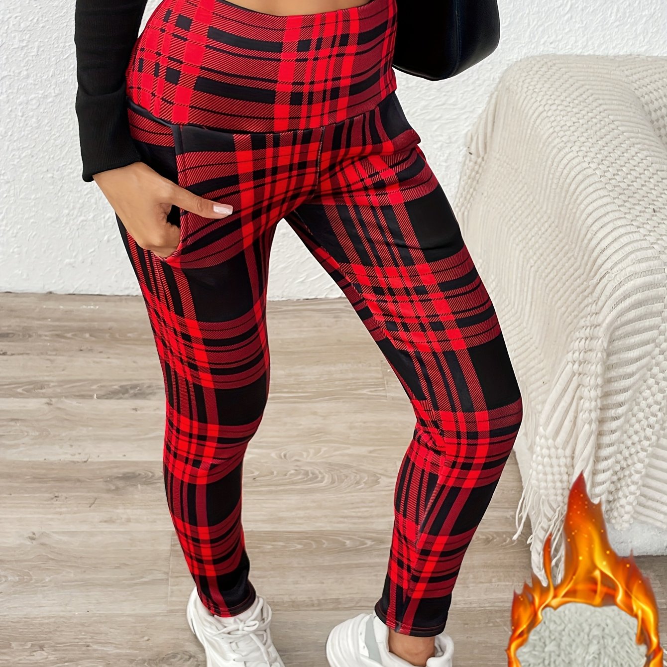 Extra Thick Lamb Printed Leggings For Women, Winter Plus Velvet, Thickened Outer Wear, Pocket High Waist One-piece Pants, Warm Pants