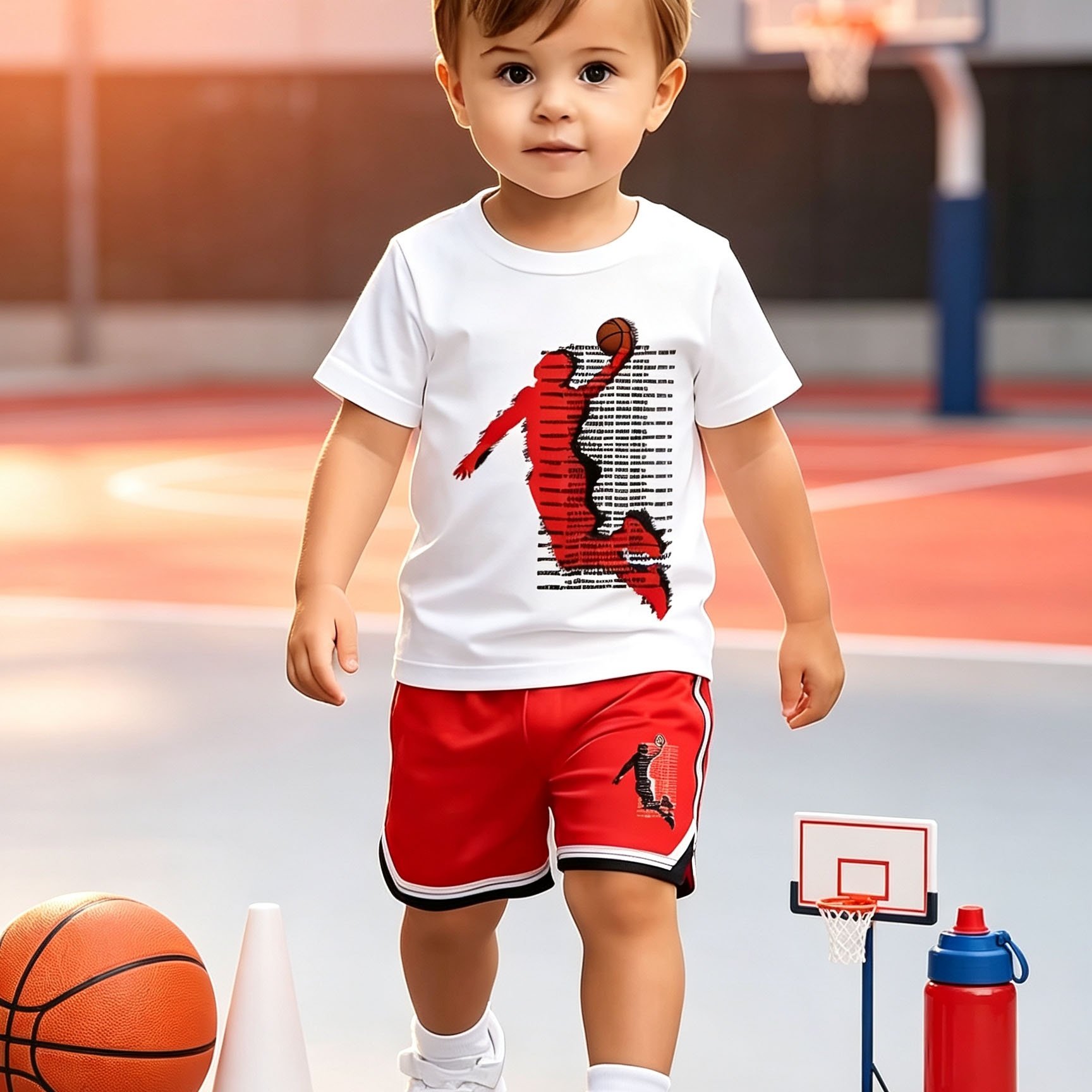 Image of Children's Sports Set, Boys' Basketball Print Short-sleeve T-shirt + Red Shorts, Casual Versatile Kids' Outfit, Perfect For Outdoor