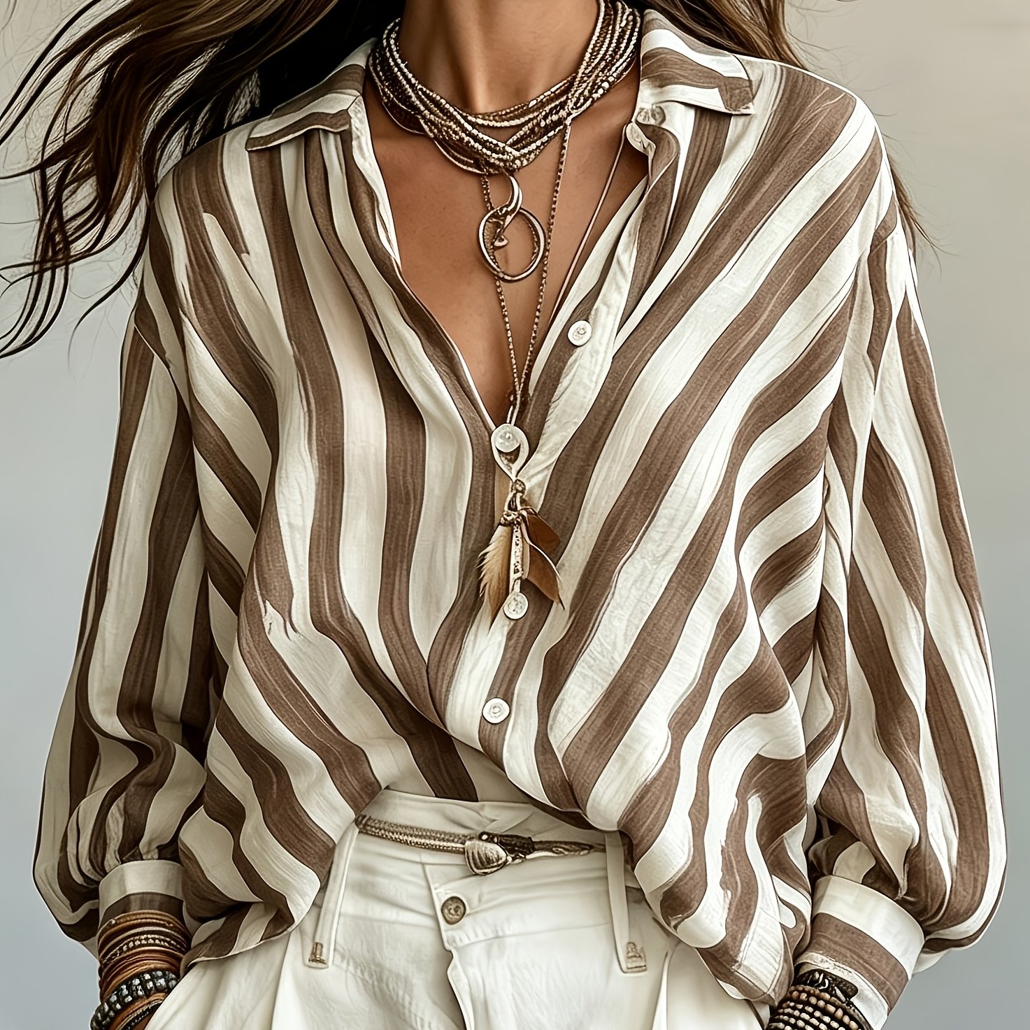 TEMU Spring Summer New Style Retro Striped Long Sleeve Women's Shirt, Loose Beach Top, Casual