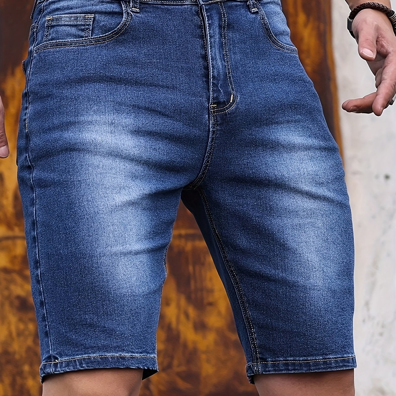Image of Men's Slim-fit Mid-rise Denim Shorts - Stretch , Detailing, Machine Washable Casual Outdoor Hiking Shorts With Classic Solid , , Regular Fit, Comfortable Fabric