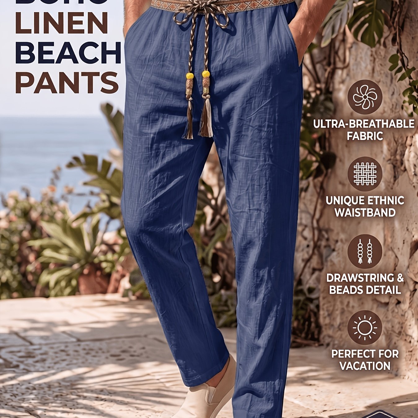 TEMU Men's Summer Bohemian Linen Beach Pants, Ethnic Printed Elastic Waist Drawstring Casual Trousers, Breathable Linen Vacation Pants