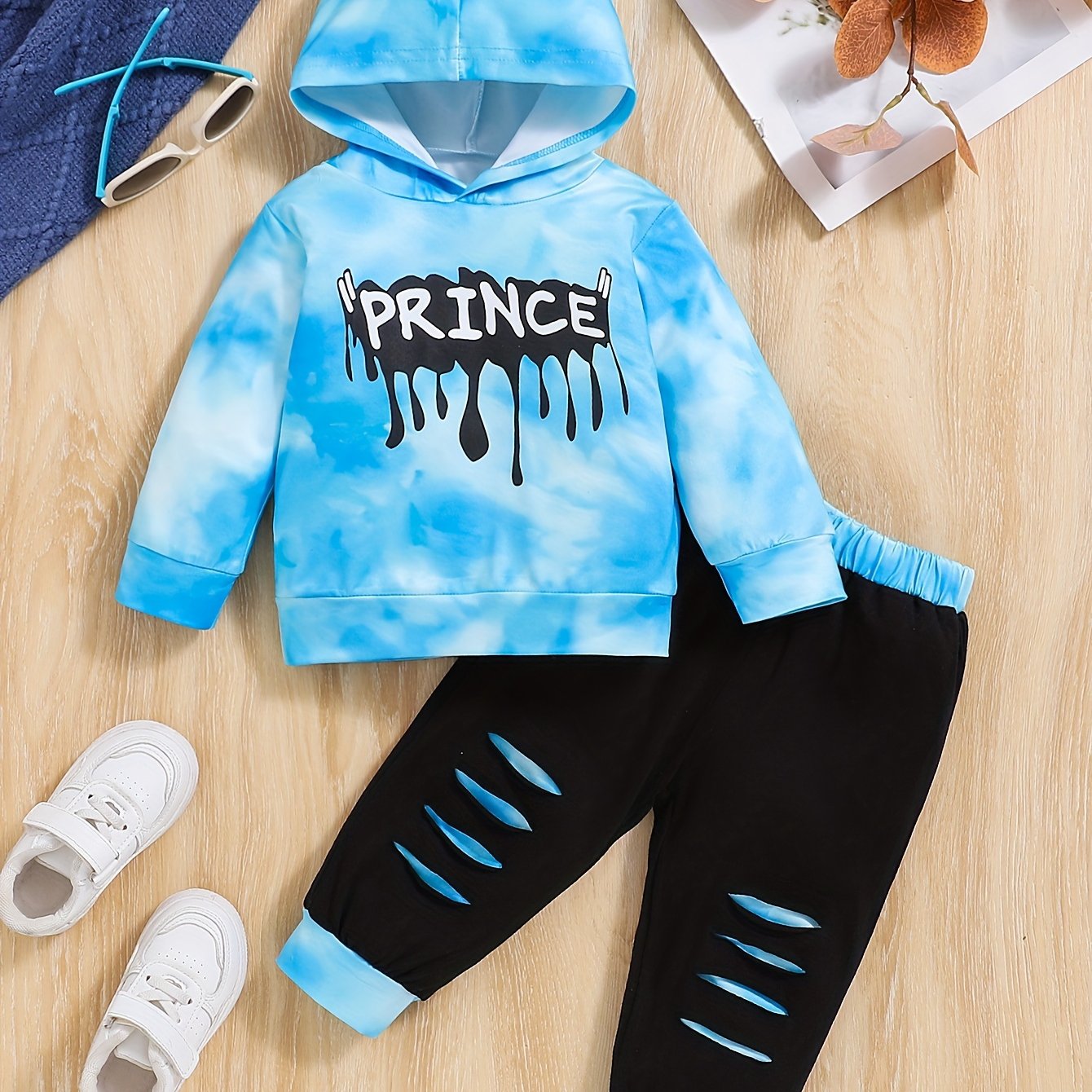 Image of Autumn Winter New Children's Baby -dye Letter Print Hooded Sweatshirt Top And Fashion Contrast Tie-dye Distressed Jeans 2pcs Set, For Outdoor