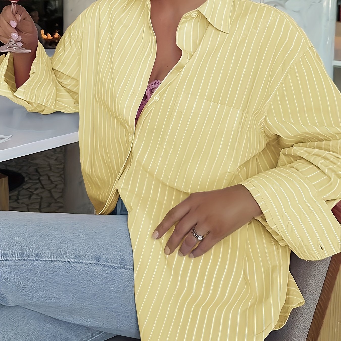 Image of Women's Cream Yellow Vertical Stripe Collar Button-front Blouse - Elegant Long Sleeve Shirt For Spring/autumn, Office & Semi-formal Wear, Button-front (non-stretch) -