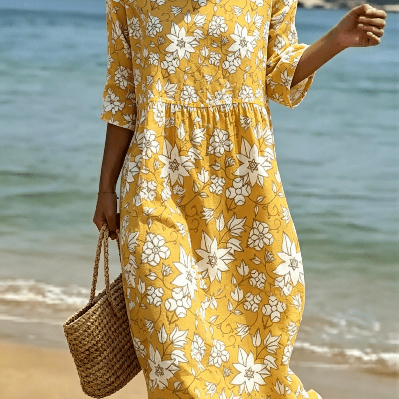 Image of 2026 New Women's Dress Yellow Floral Casual Round Neck Summer Dress Suitable For Beach Vacations Summer Carnivals Casual Attire And Weekend Machine Washable Polyester
