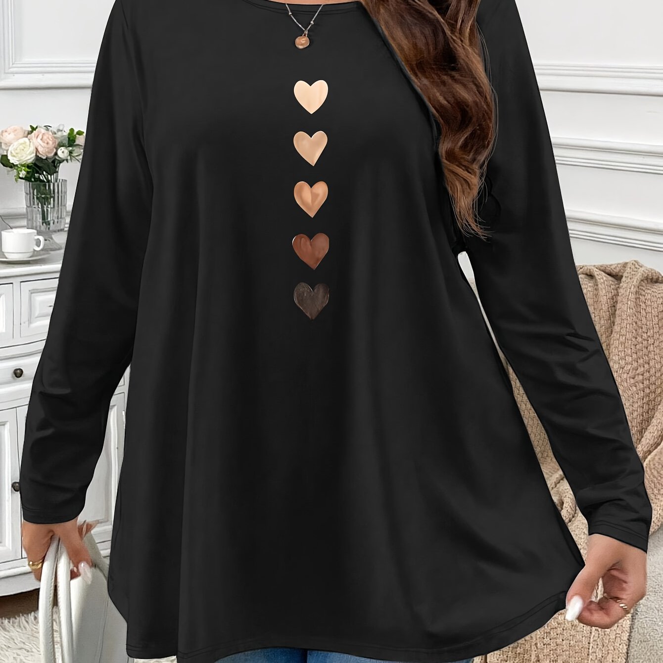 TEMU Plus Size, 1xl~5xl Plus Size Women's New Arrival Loose Fit Casual Printed Long Sleeve T-shirt, Spring And Summer Soft Casual Plus Size Solid