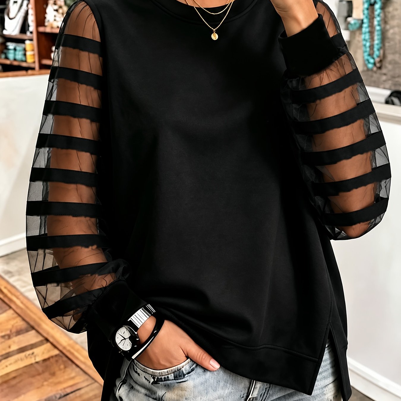 TEMU Plus Size Women's Long Sleeve Sweatshirt, Women's Lace Top, Elegant Fashion Lace Round Neck Sweatshirt, Women's Casual Top, Women's Sweatshirt