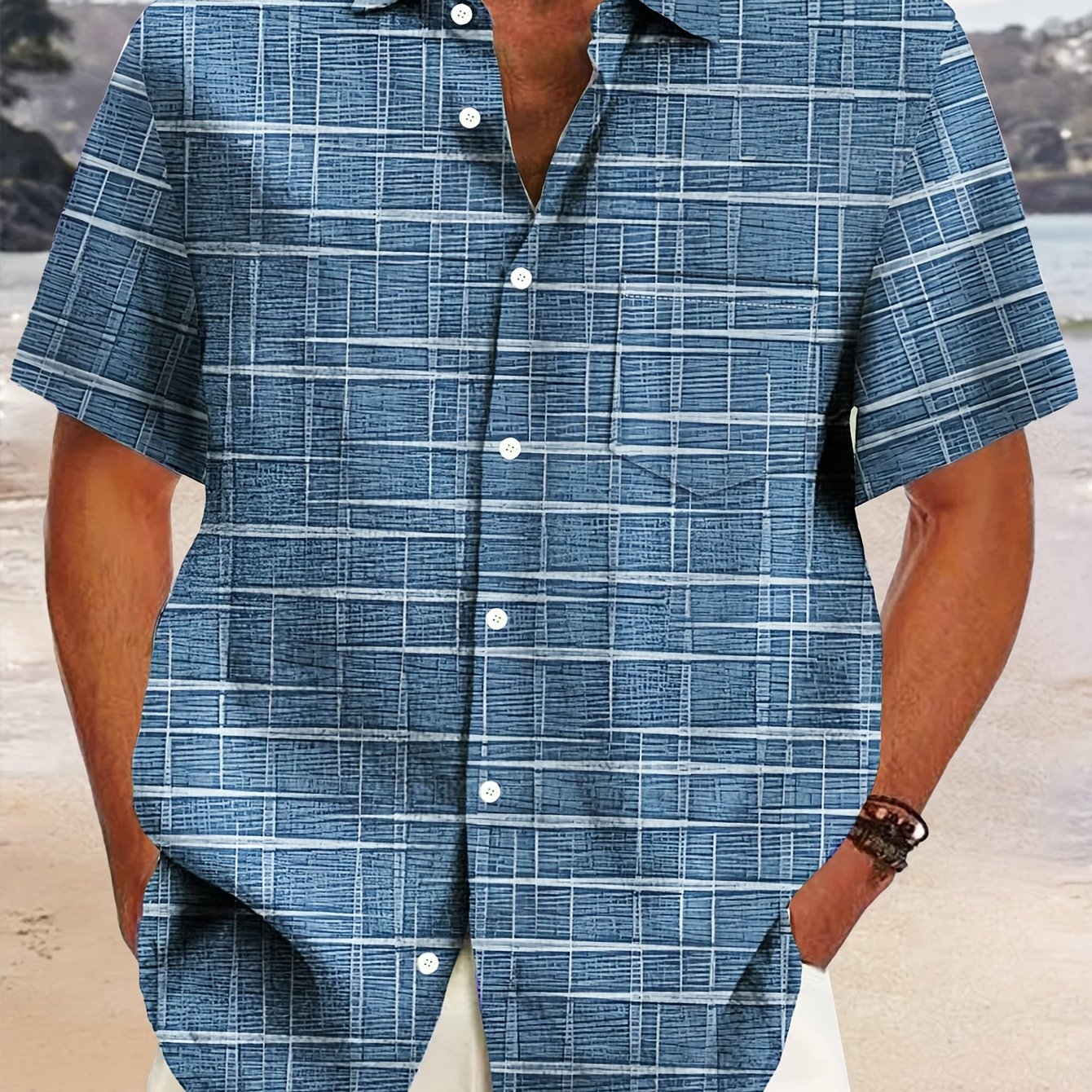 Retro Geometric Texture Print Men's Button-pocket Short Sleeve Shirt