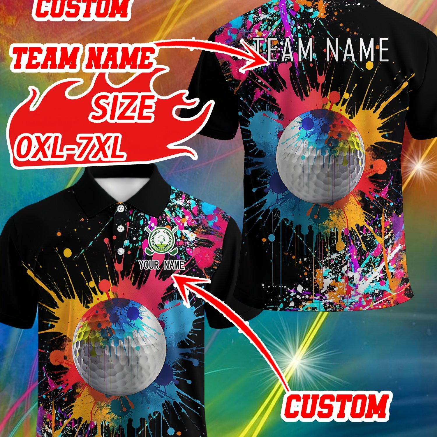 TEMU Customizable Personalized Men's Shirts Featuring A Golf Ball Pattern With A Splattered Paint Background. Bright Colors And To Customize With