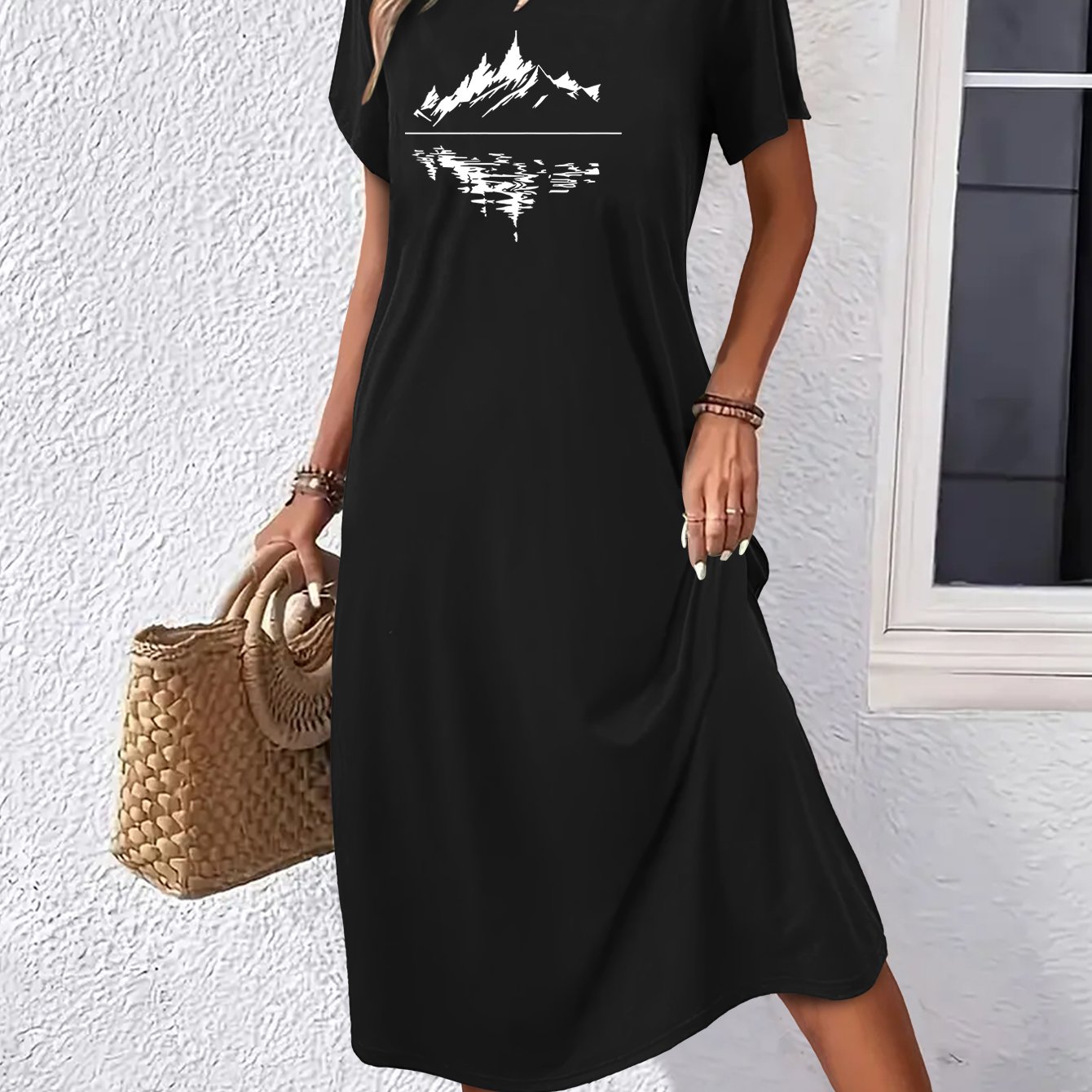 TEMU Summer Women's Fashionable Dress, Elegant Temperament Dress With Mountain And Reflection Prints, Round Neck Short Sleeved, Beach And Seaside