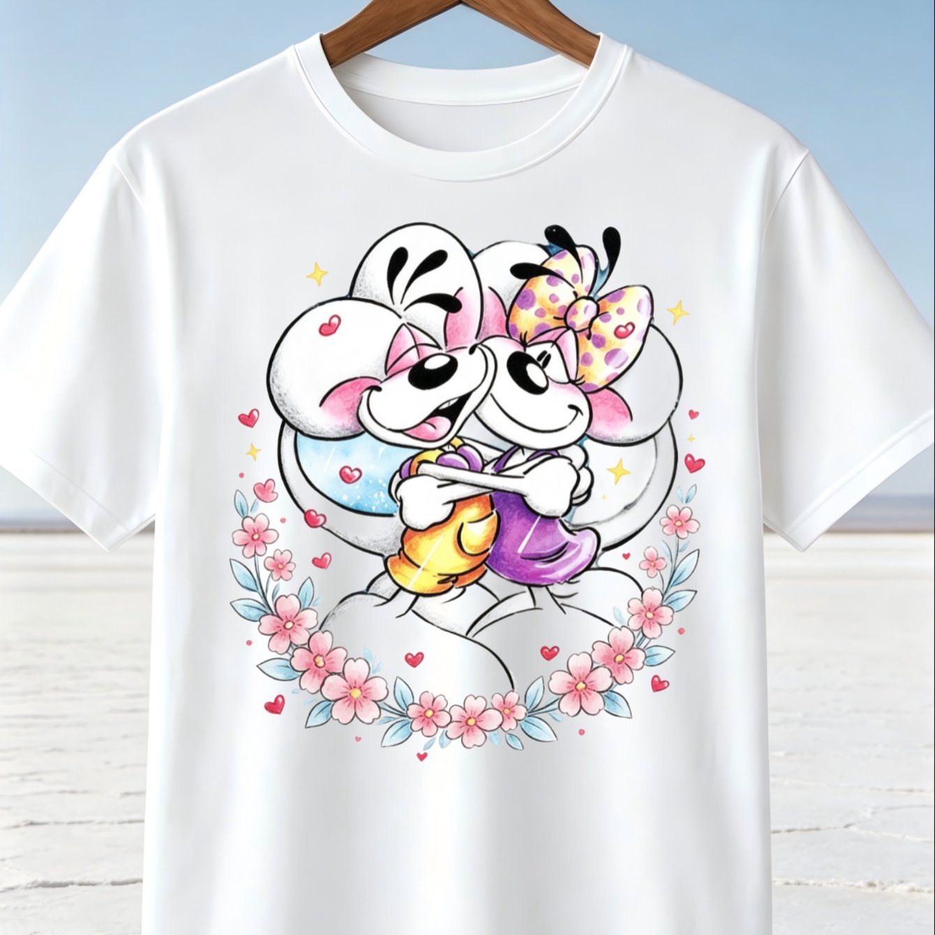 Image of Cartoon Mice Hugging T-shirt Sweet Couple With Pink Flowers And Sparkles Cute Romantic Friendship Illustration Unisex All T-shirt