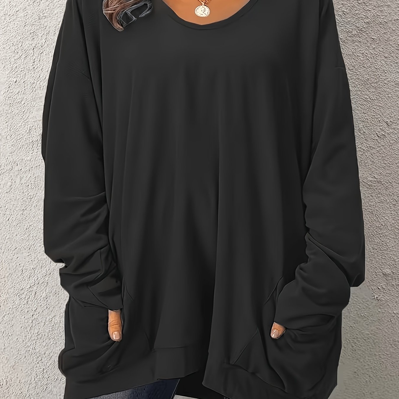 TEMU Plus Size Women's Crew Neck Long Sleeve Casual Top | Solid Color, Stretch, Oversized Fit, Suitable For Fall/winter